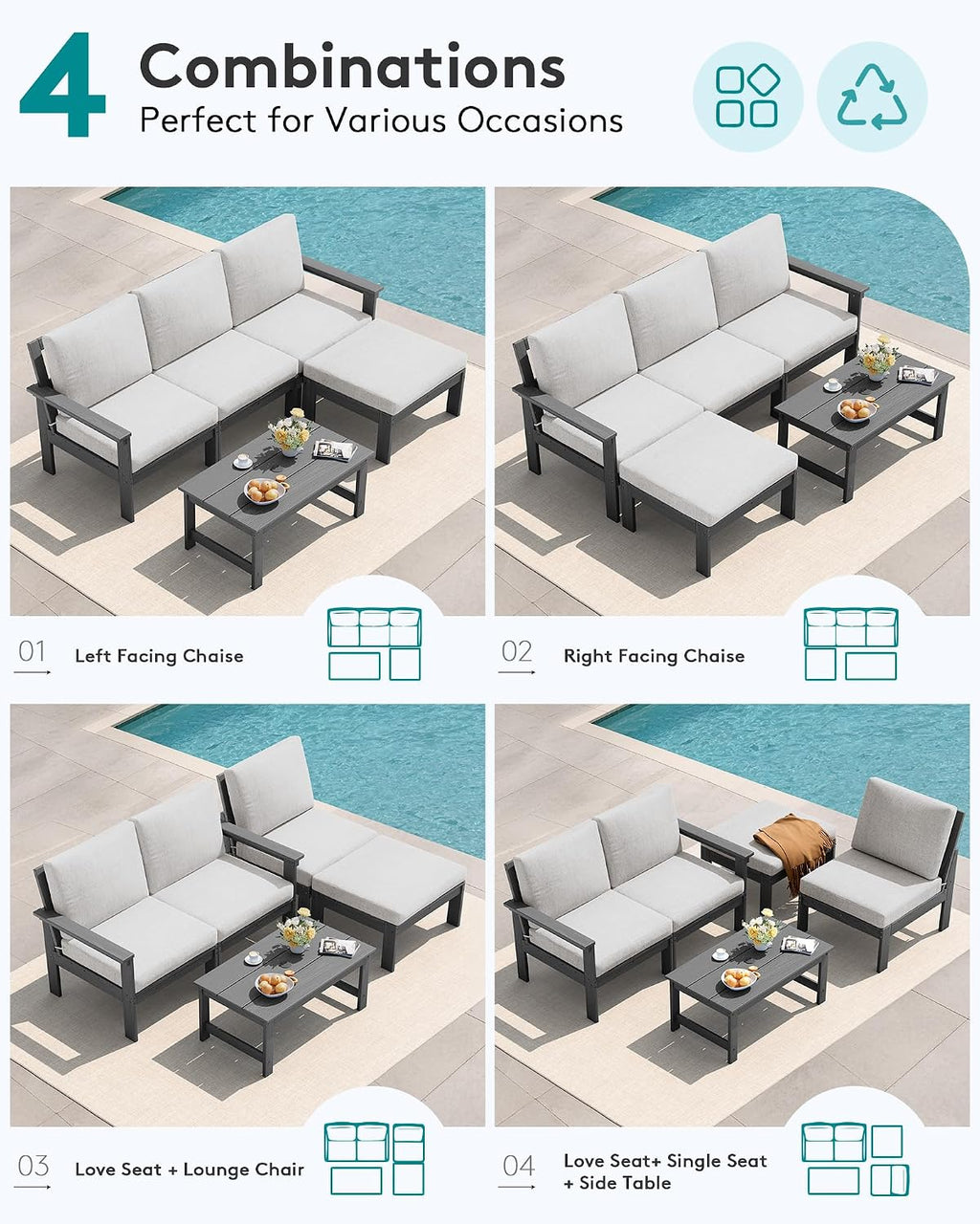 SERWALL Outdoor Sectional Sofa Set, 5-piece Outdoor Modula Couch Set with Ottoman, All Weather Patio Furniture Set with Chaise for Deck, Lawn, Gray Frame with Khaki Cushion