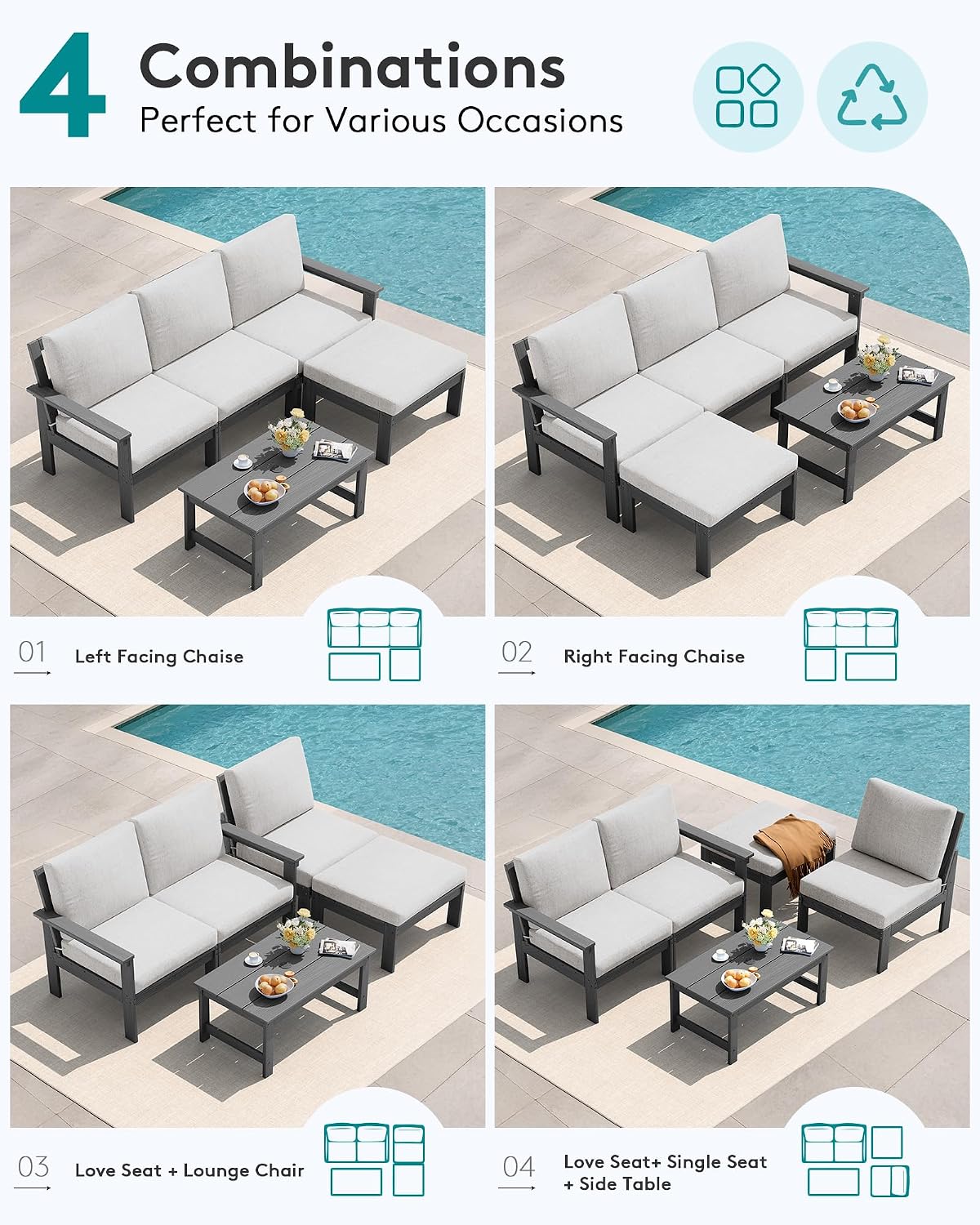 SERWALL Outdoor Sectional Sofa Set, 5-piece Outdoor Modula Couch Set with Ottoman, All Weather Patio Furniture Set with Chaise for Deck, Lawn, Gray Frame with Khaki Cushion