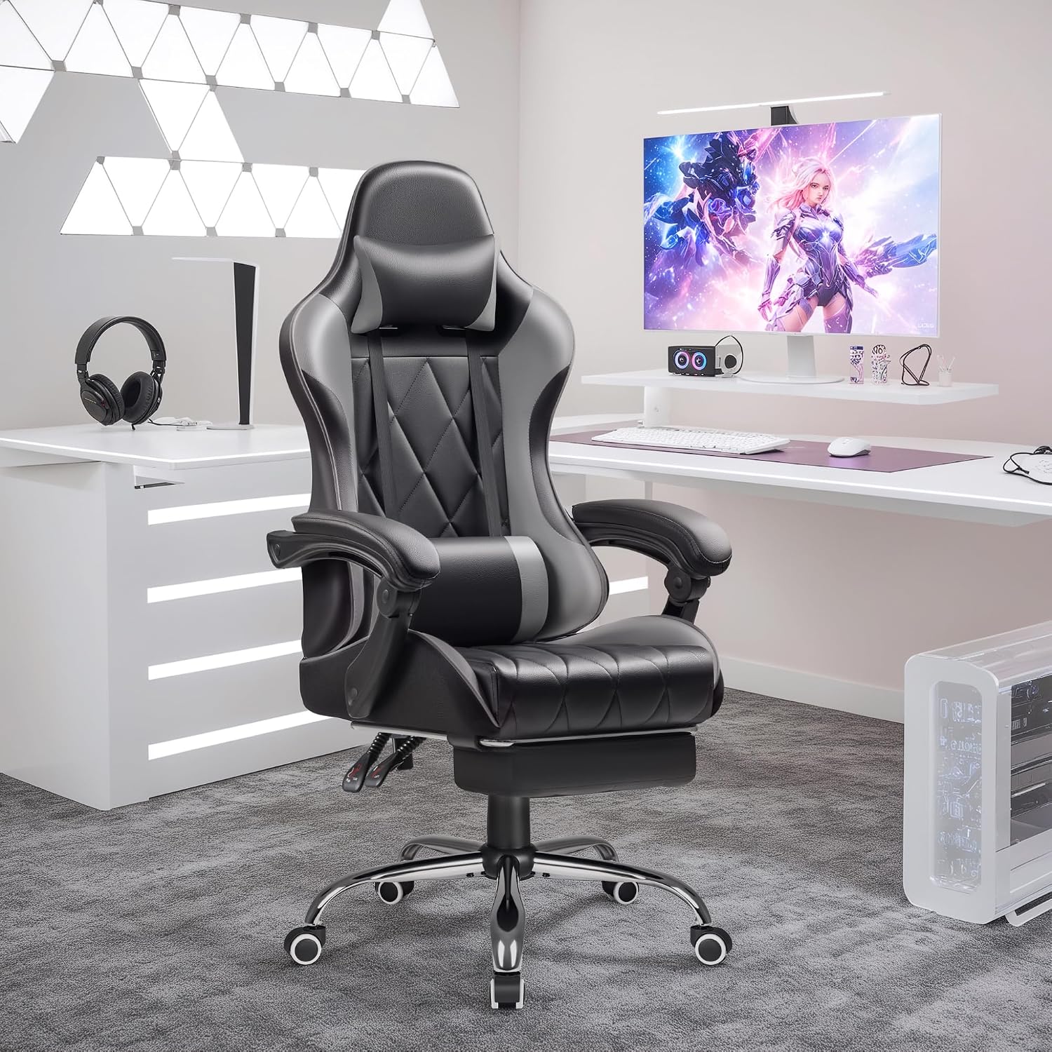 Shahoo Gaming Chair with Footrest and Massage Lumbar Support, Ergonomic Office Computer Seat Height Adjustable with Headrest, Grey