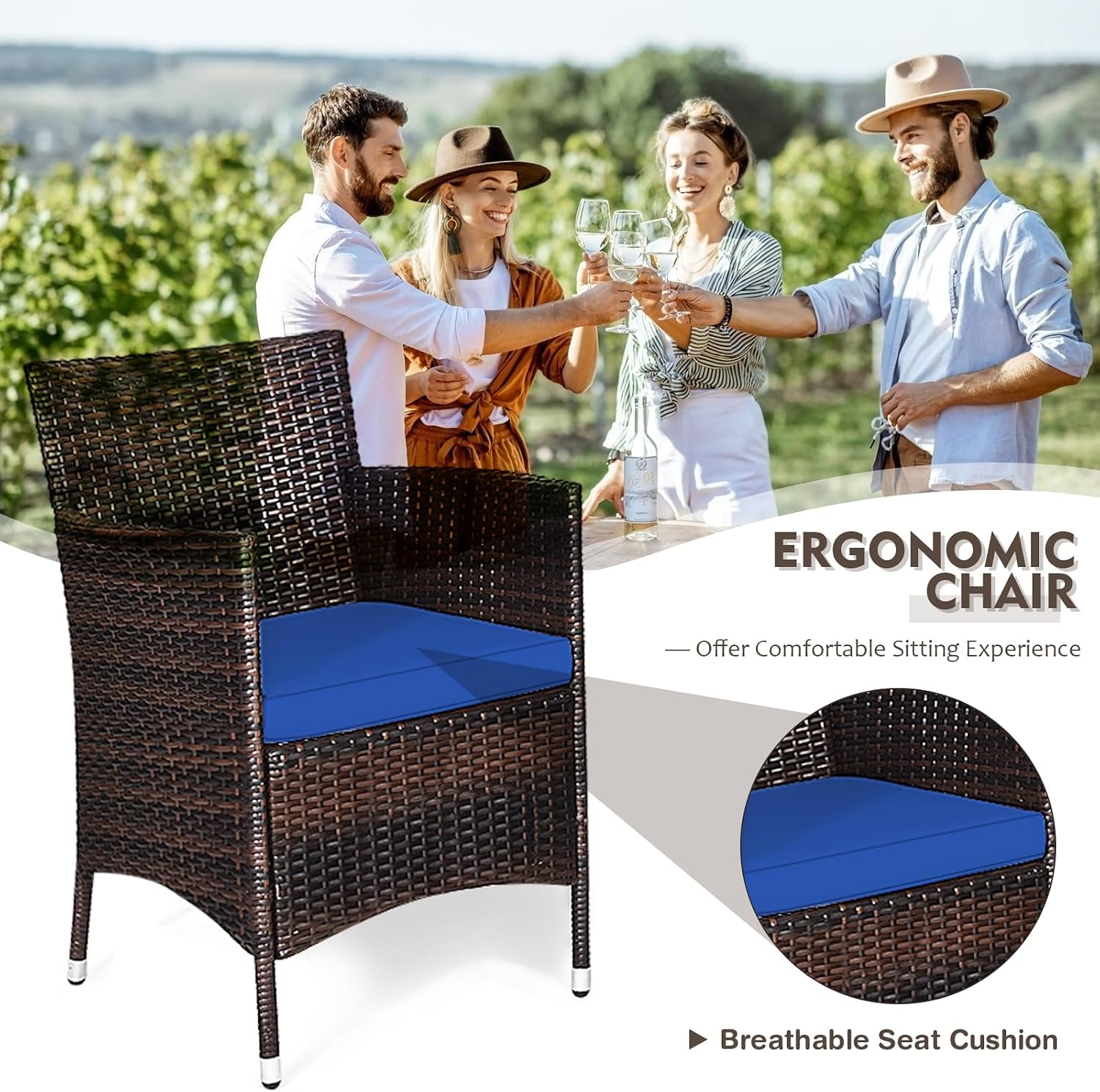 DORTALA Wicker Patio Furniture Set 3 Piece, Small Outdoor Table & Chairs Set with Cushions, All-Weather Rattan Conversation Bistro Set for Balcony, Porch, Backyard, Deck, Navy