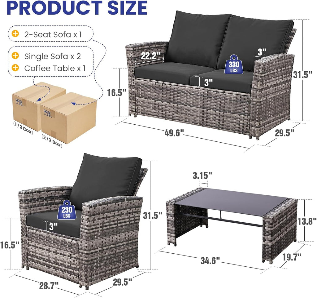 FHFO 4 Piece Patio Furniture Set, Wicker Outdoor Conversation Furniture Set, All Weather Patio Sofa Couch with Cushion & Glass Table, Grey/Black