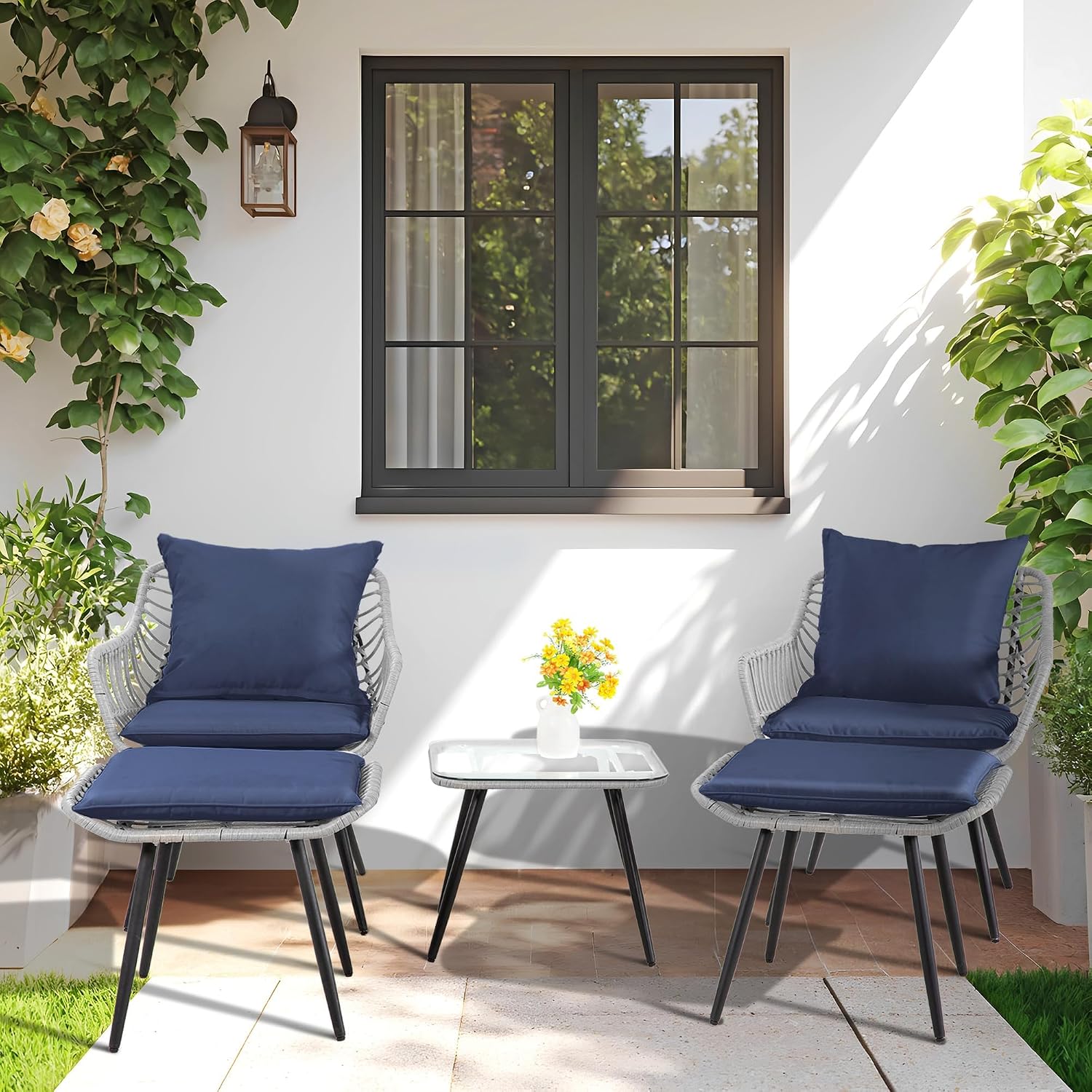 FHFO 5 Piece Outdoor Patio Furniture Set, Rattan Balcony Furniture with Ottomans, Wicker Bistro Table and Chairs Footrest for Patio, Garden, Porch, Backyard, Poolside(Gray-Blue)
