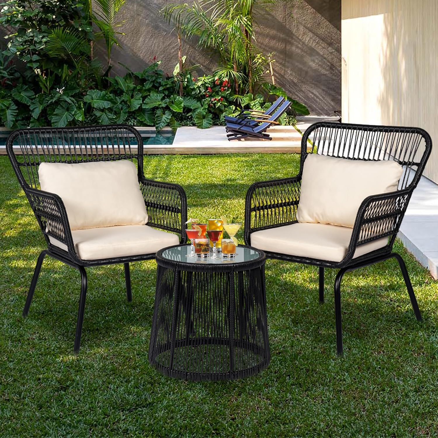 3 Piece Outdoor Wicker Furniture Bistro Set, Rattan Chairs Conversation Sets Wicker Patio Furniture for Balcony Poolside Backyard, Black/Beige