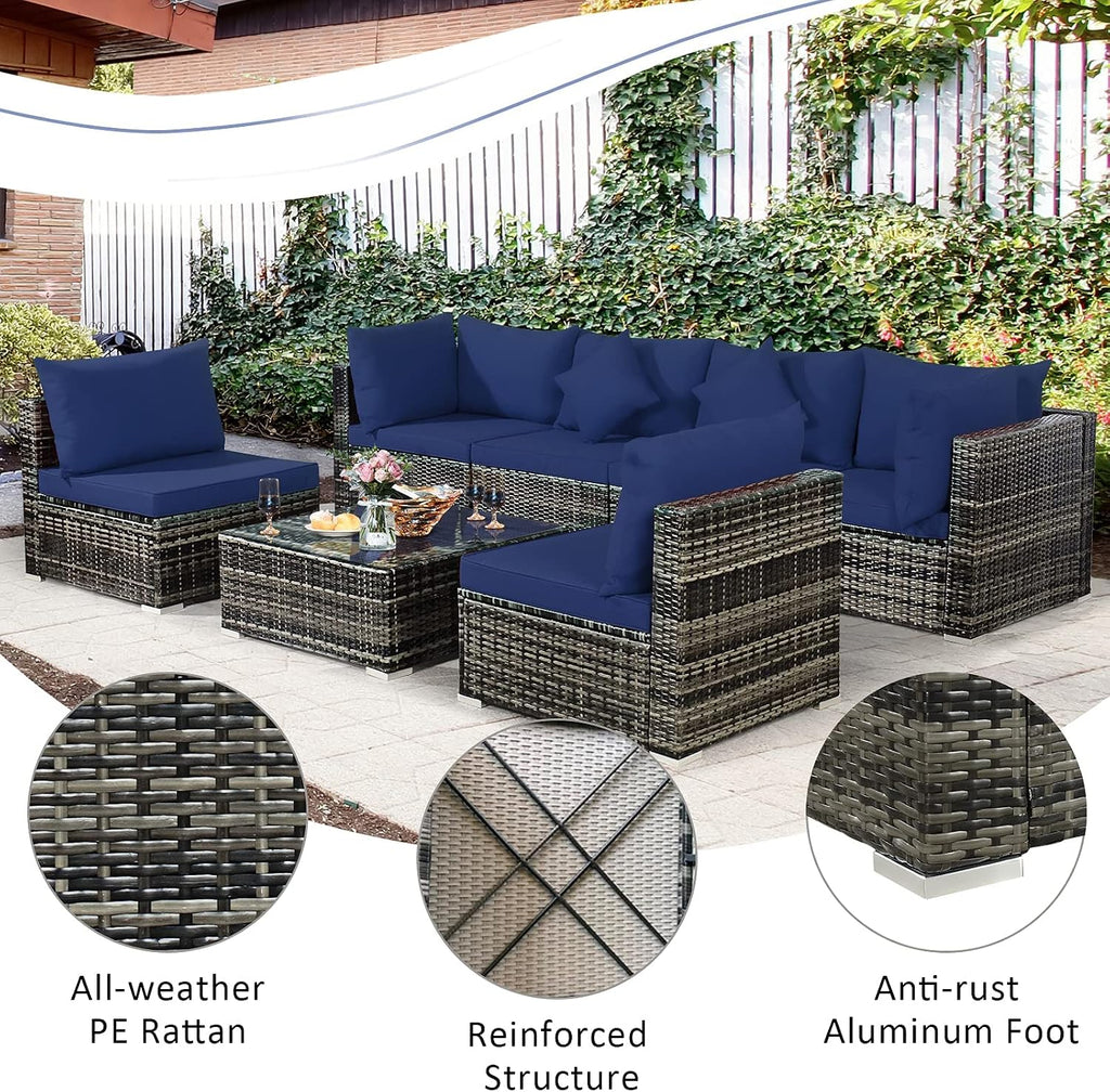 Tangkula 7 Pieces Wicker Patio Furniture Set, All-Weather Outdoor Rattan Sectional Sofa Set with Cushions & Tempered Glass Coffee Table, Outside Sofa Set for Garden, Lawn, Deck, Backyard (Navy)