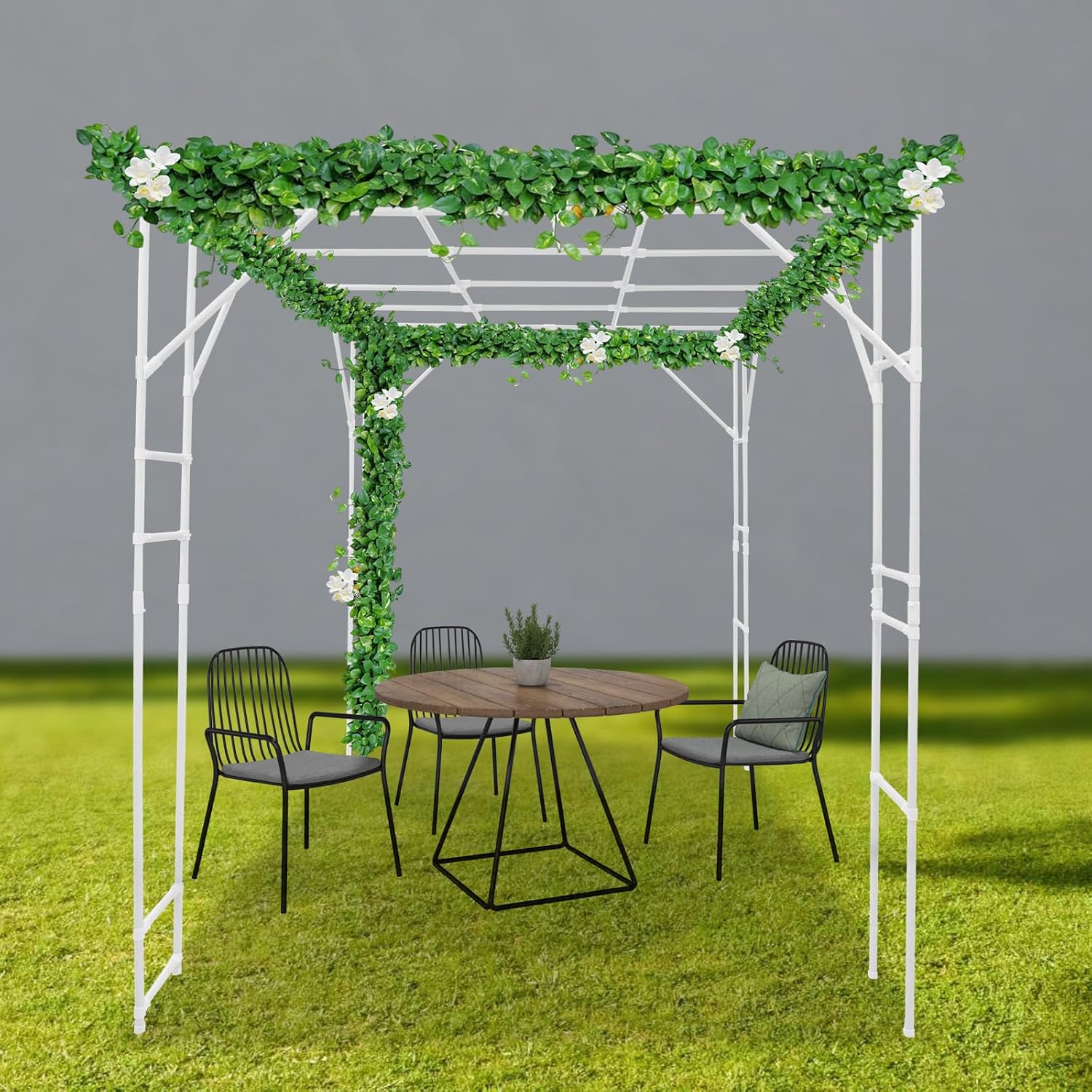 118'' L x 78.5'' W x 90.5'' H Large Outdoor Garden Arch Trellis for Climbing Plants, Grape Arbor Rack Pergola Plastic-Coated Steel Cane Frame for Courtyard and Garden Decoration of Pavilions (White)