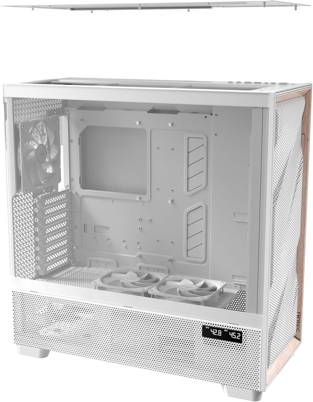 Antec Flux Pro White, 6 x PWM Fans Included, High-Airflow Front Panel with Birch Wood, iShift PSU 90° Mount, USB3.0 x 2, Type-C, 420mm Radiator Support, Temp. Display, Full-Tower E-ATX PC Case