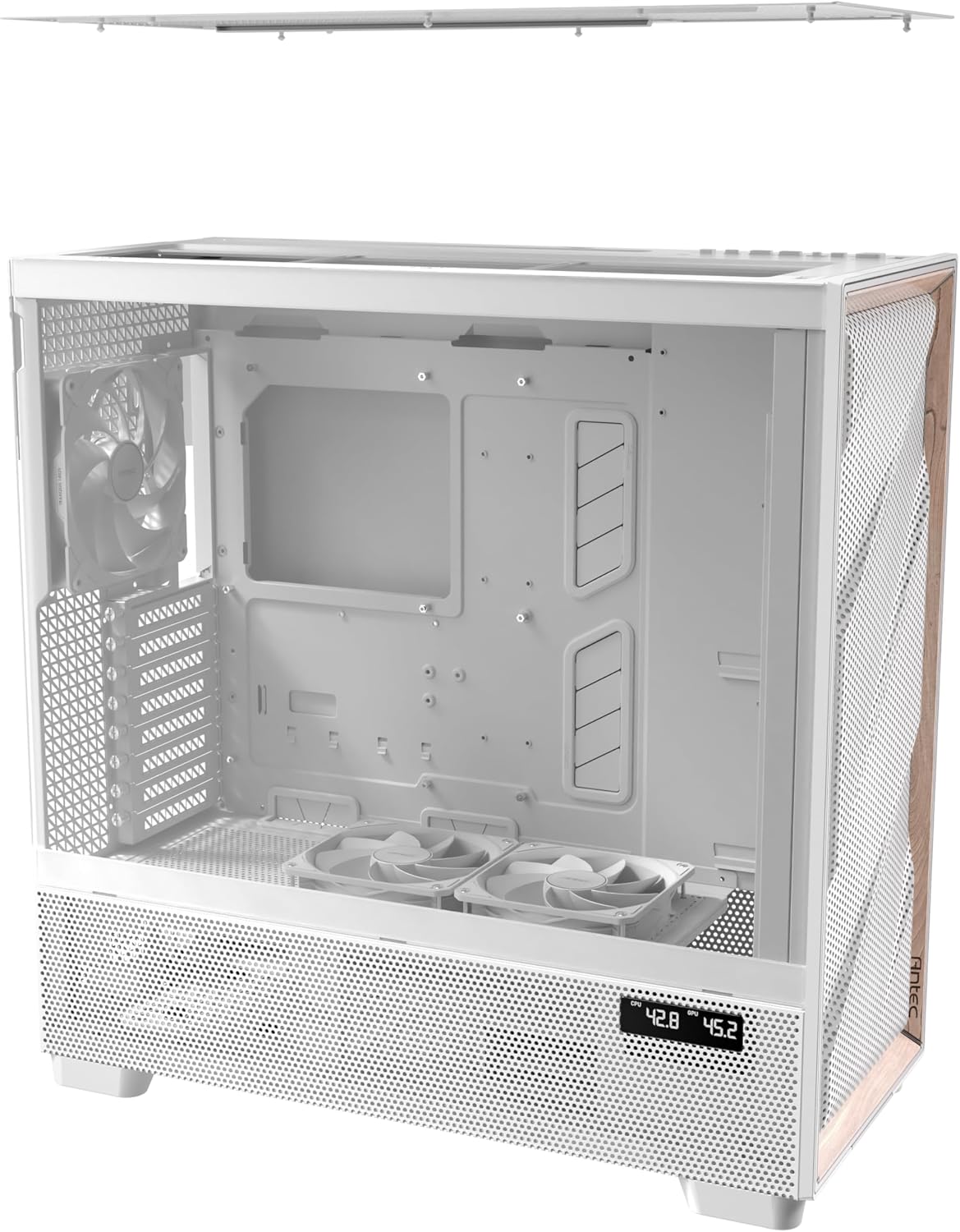 Antec Flux Pro White, 6 x PWM Fans Included, High-Airflow Front Panel with Birch Wood, iShift PSU 90° Mount, USB3.0 x 2, Type-C, 420mm Radiator Support, Temp. Display, Full-Tower E-ATX PC Case