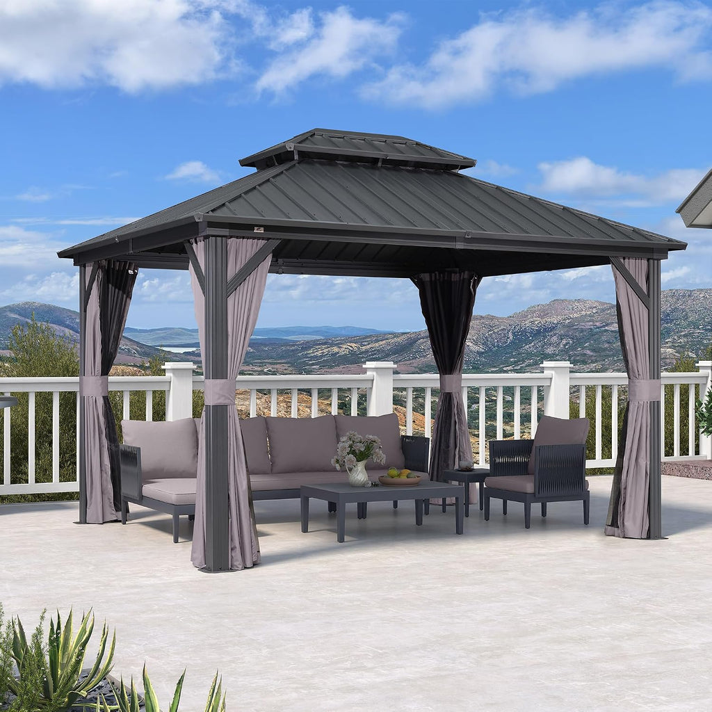 PURPLE LEAF 10' X 12' Gazebo Outdoor Aluminum Gazebo with Heavy Duty Galvanized Steel Double Roof for Patio Backyard Deck, Netting and Curtains Included, Grey