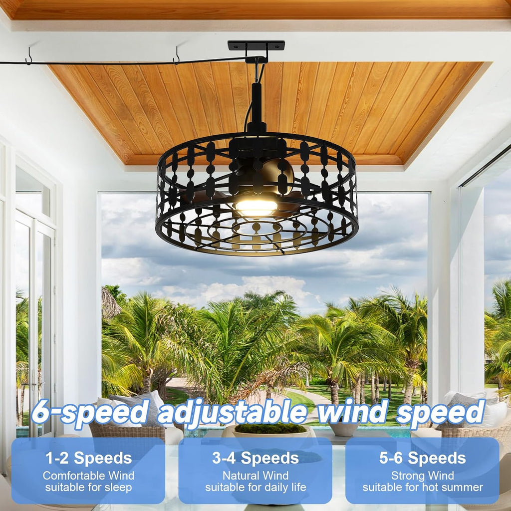 ZHENYANGL 18.9' Outdoor Ceiling Fan with Light and Remote LED Black Industrial Caged Ceiling Fan Light Fixture with Hook IP 54 Waterproof Plug in Fan Lights for Patios, Porch, Pergola, Canopy, Gazebo