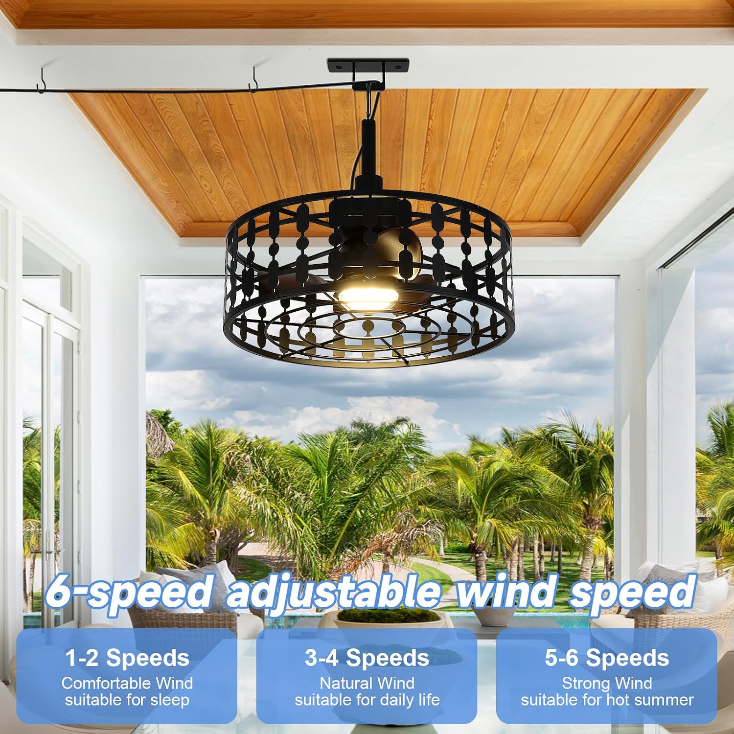 ZHENYANGL 18.9' Outdoor Ceiling Fan with Light and Remote LED Black Industrial Caged Ceiling Fan Light Fixture with Hook IP 54 Waterproof Plug in Fan Lights for Patios, Porch, Pergola, Canopy, Gazebo