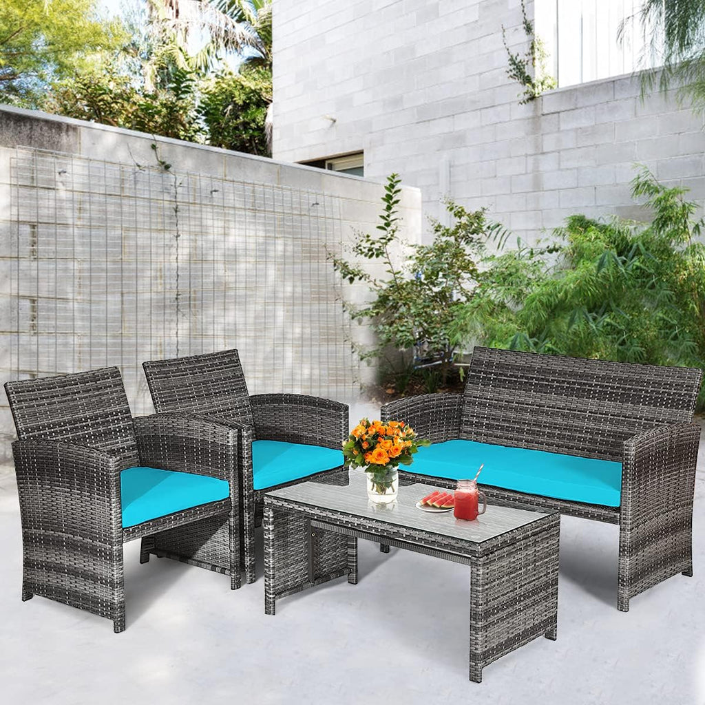 COSTWAY Patio Furniture Set 4 Pieces, Outdoor Wicker Chairs Sofa w/Coffee Table and Soft Cushions, Rattan Conversation Sets for Patio Lawn Backyard Yard Pool Garden, Turquoise