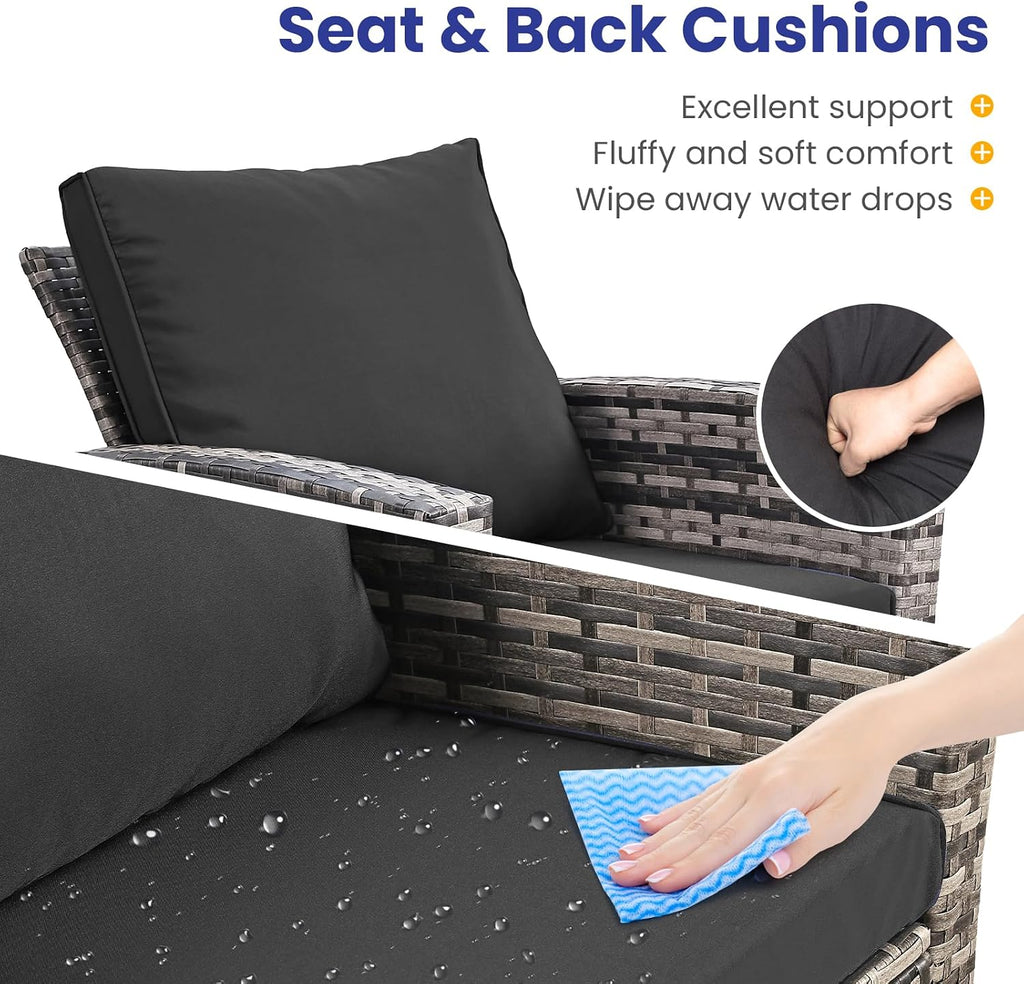 FHFO 4 Piece Patio Furniture Set, Wicker Outdoor Conversation Furniture Set, All Weather Patio Sofa Couch with Cushion & Glass Table, Grey/Black