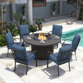 Kurapika 7 Piece Metal Outdoor Patio Furniture Set with 48' Round Fire Pit Table, Patio Conversation Sets 6 Fixed Chairs with Thick Cushion and 40000 BTU Propane Fire Pit Table, Navy Blue