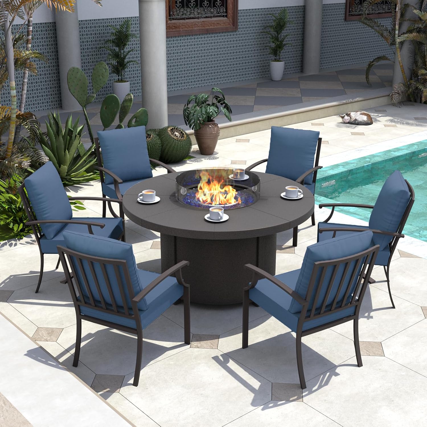 Kurapika 7 Piece Metal Outdoor Patio Furniture Set with 48' Round Fire Pit Table, Patio Conversation Sets 6 Fixed Chairs with Thick Cushion and 40000 BTU Propane Fire Pit Table, Navy Blue