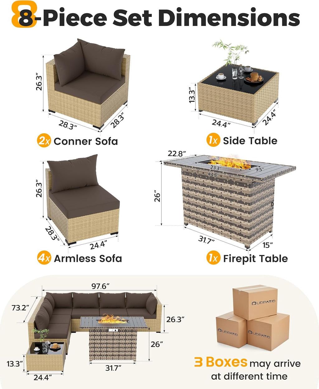UDPATIO Furniture Set with Fire Pit Table, 8 Piece Sectional Sofas, All-Weather Wicker Conversation for Garden, Backyard, Dark Grey