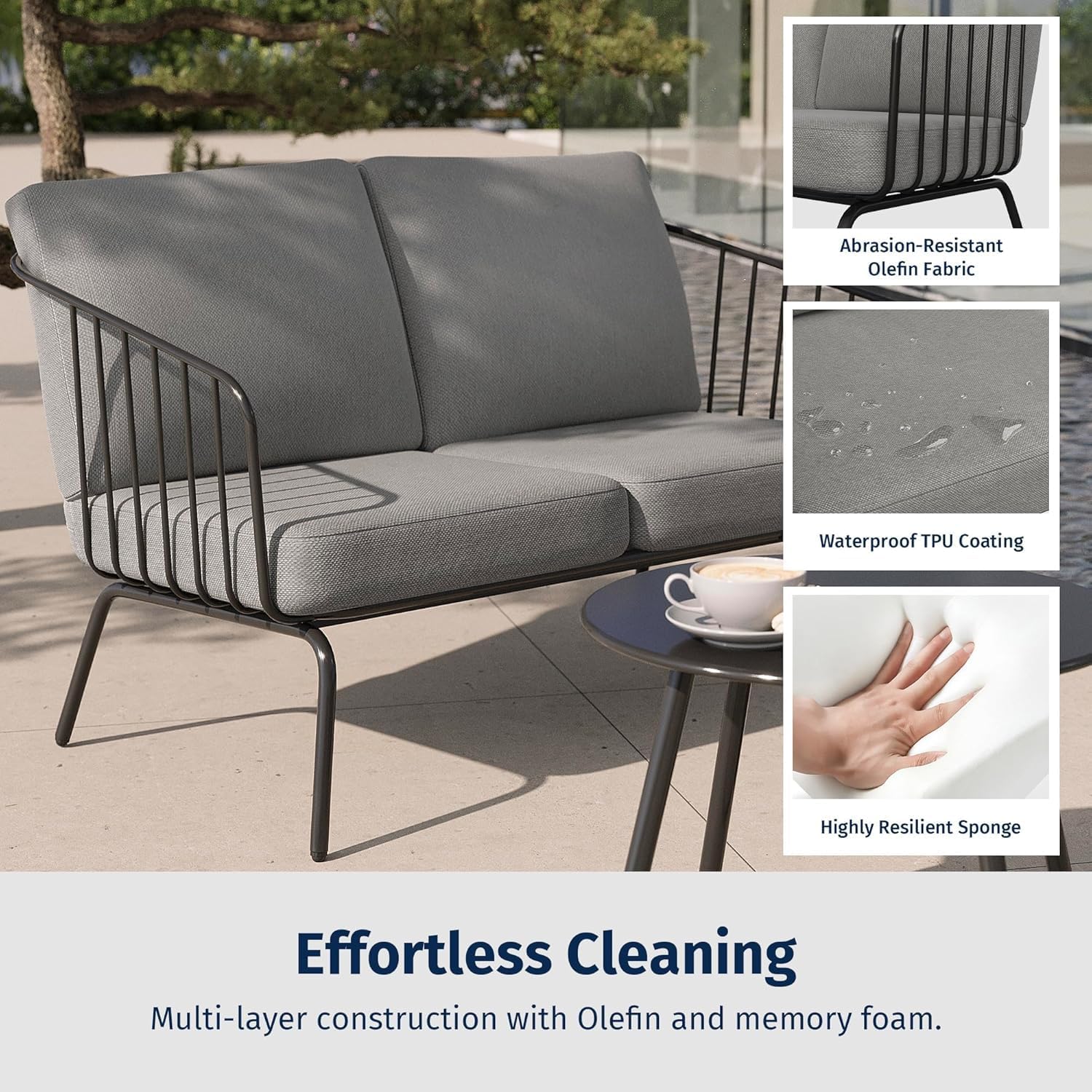 East Oak 4-Piece Plaza Patio Furniture Set, Outdoor Furniture for Balcony, Poolside, and Yard, with Thick Cushion Sofa and Coffee Table, Modern Patio Conversation Set, Black & Grey
