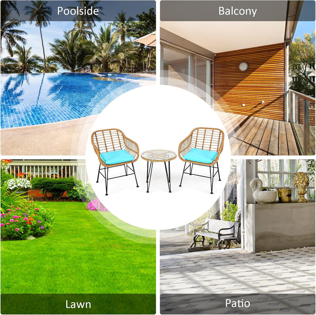 Tangkula 3 Pieces Patio Bistro Set, Rattan Conversation Set with 2 Cushioned Armchairs & Round Glass Coffee Table, Indoor Outdoor Wicker Furniture Set for Balcony, Backyard, Garden, Poolside