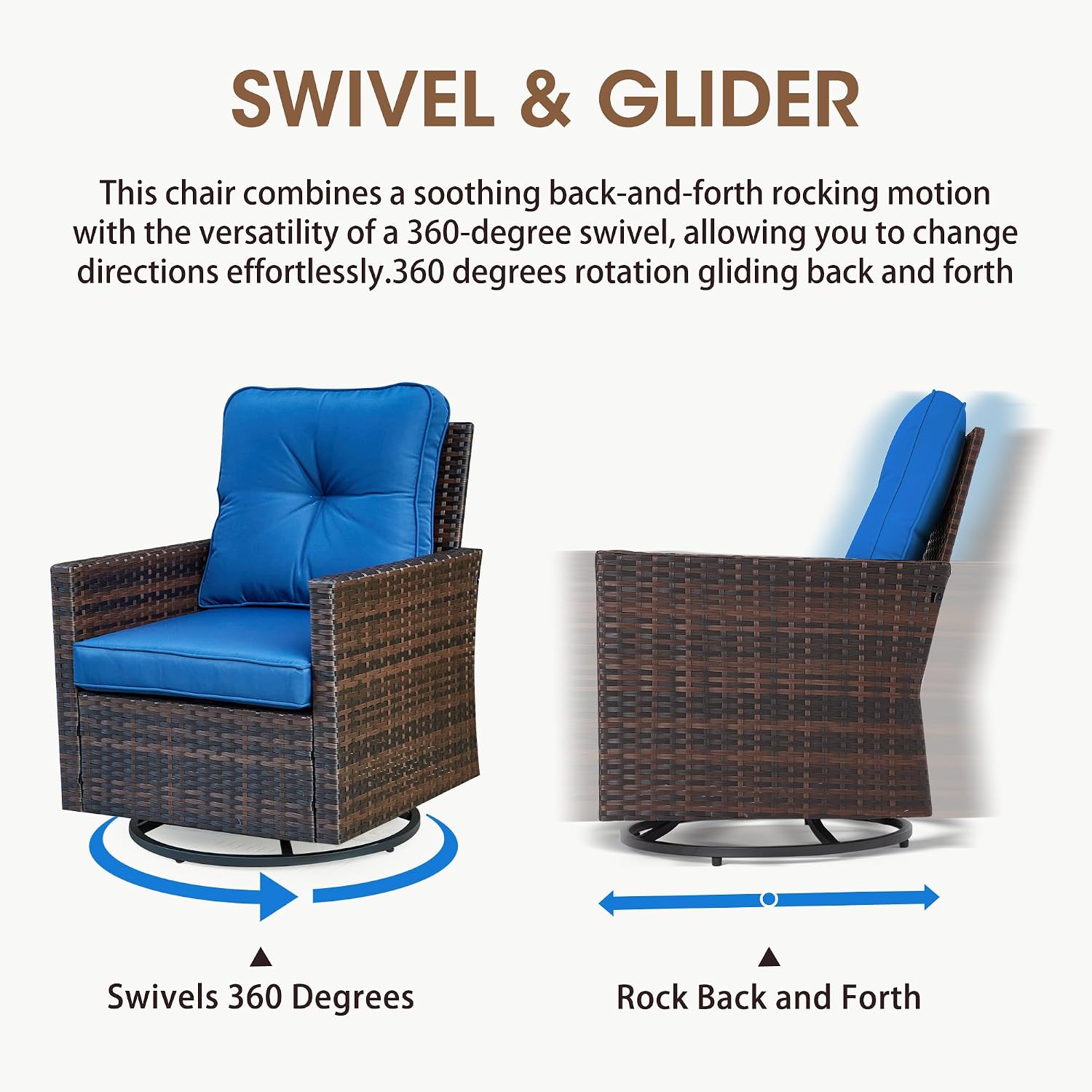 AVAWING 5 PCS Patio Swivel Rocking Chairs Set with Ottoman, Outdoor Wicker Furniture with Rattan Side Table, 360° Swivel Chairs for Garden, Porch, Backyard, Blue/Brown Wicker