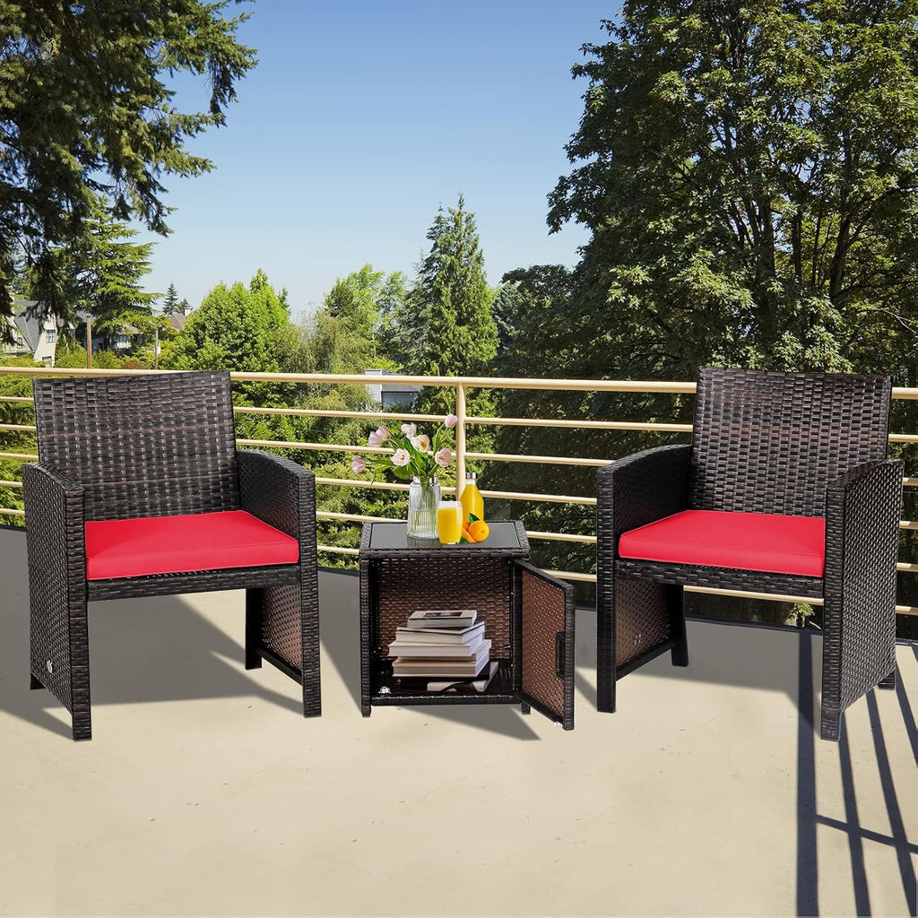 Tangkula 3 Pieces Outdoor Wicker Conversation Set with Waterproof Cover, 2 Patio PE Rattan Cushioned Chairs with Side Storage Table, Suitable for Front Porch, Balcony, Garden, Poolside and Yard (Red)