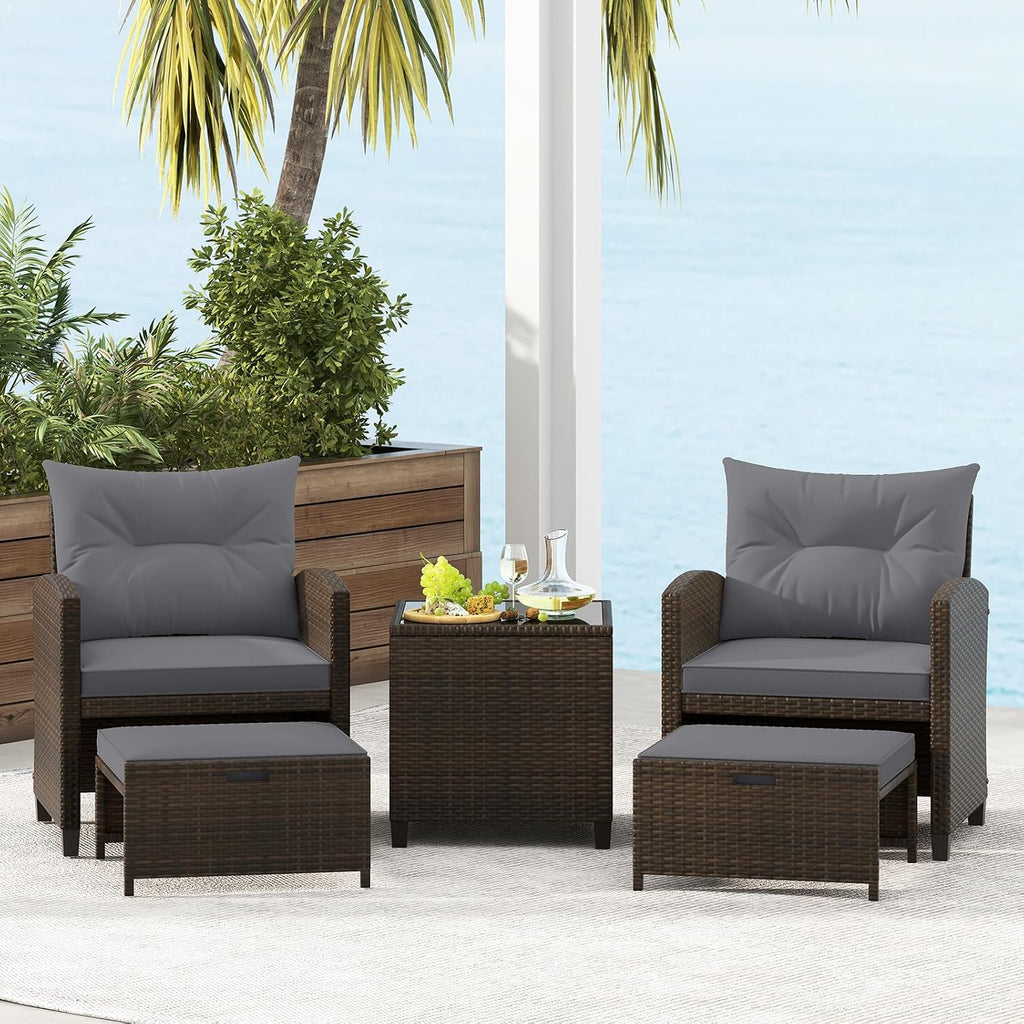 KOTEK 5 Pieces Patio Furniture Set with Ottomans, Wicker Patio Conversation Set with Coffee Table & Cushions, PE Rattan Outdoor Lounge Chairs for Backyard, Porch, Poolside (Mix Brown- Grey)