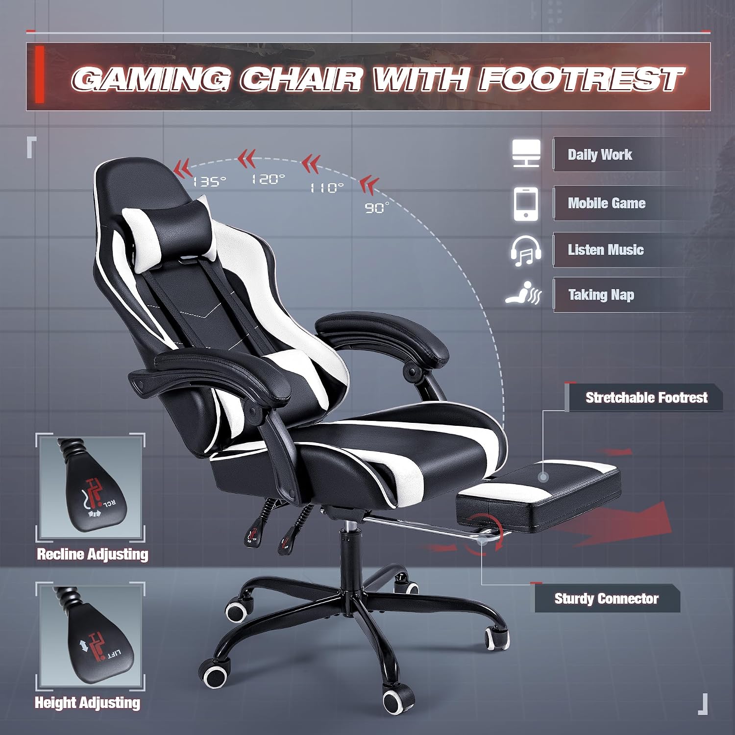 Furmax Gaming Chair, Video Game Chair with Footrest and Massage Lumbar Support, Swivel Seat Height Adjustable Computer Chair with Headrest, Racing E-Sport Gamer Chair (White)