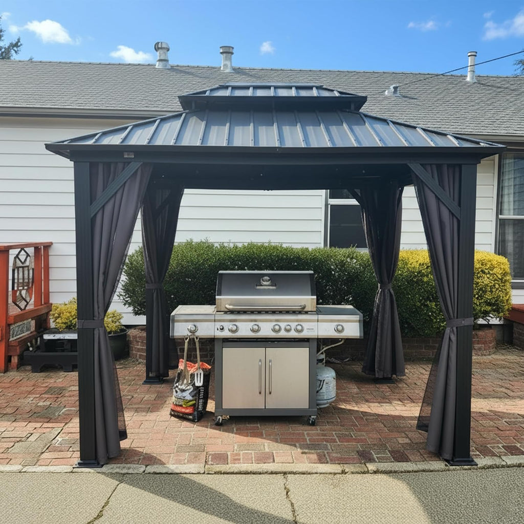 PURPLE LEAF 8' X 10' Permanent Hardtop Gazebo with Galvanized Steel Double Roof for Patio Lawn Garden Aluminum Gazebo with Netting and Curtains Grey