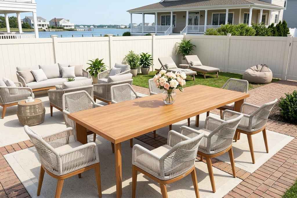 PURPLE LEAF 9 Pieces Patio Dining Set Aluminum Rectangular Table and Rattan Arm Chairs with Cushions for Kitchen Porch Garden Modern Outdoor Furniture Sets