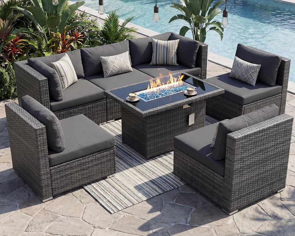 RADIATA 7 Piece Wicker Patio Furniture Set with Fire Pit, All-Weather Outdoor Sectional Couch High Back Large Size, Modular Backyard Seating Sofa Set with Propane/Natural Gas Firepit Table, Dark Gray