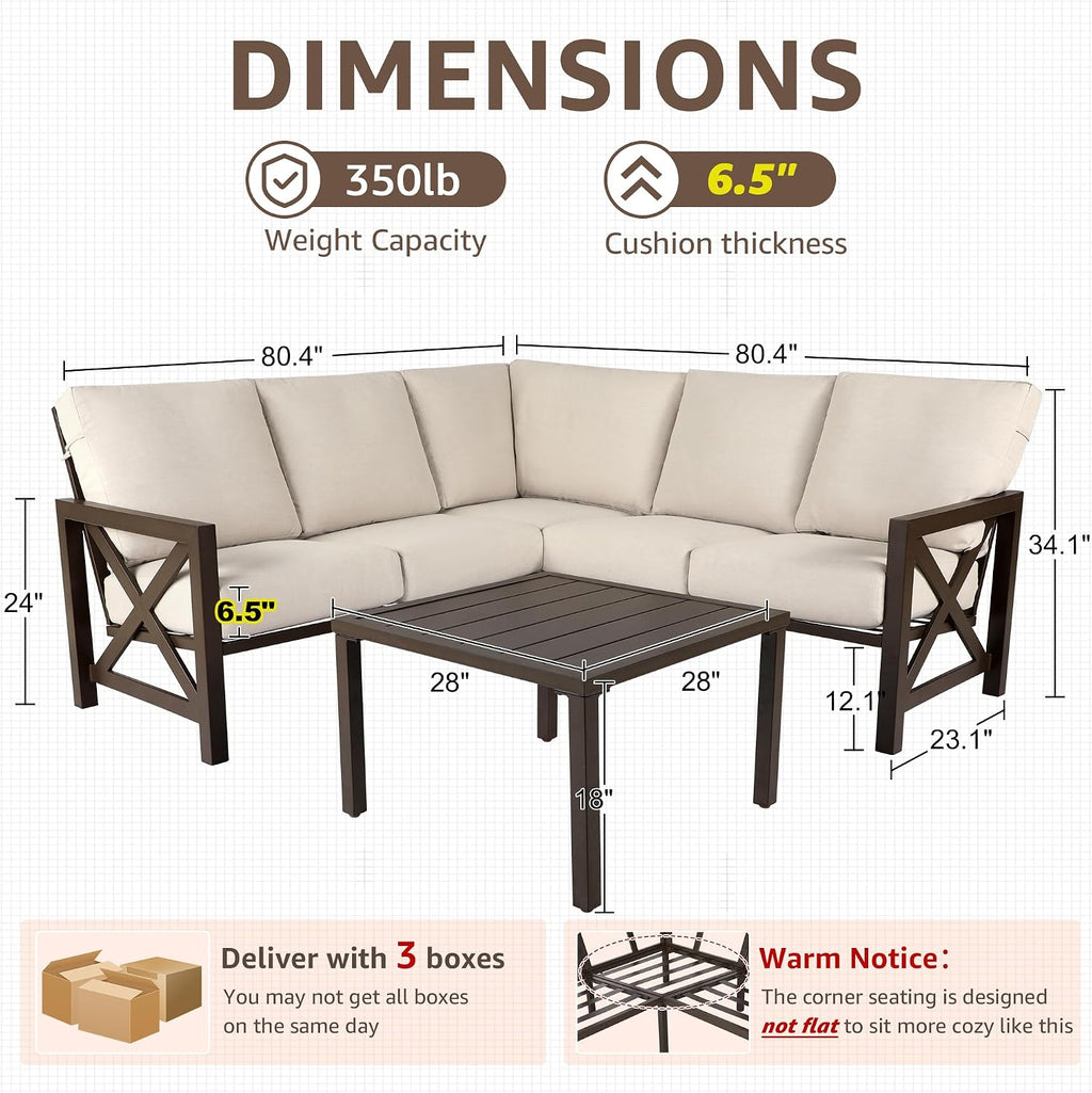 NATURAL EXPRESSIONS 6 Pieces Patio Furniture Sets, Metal Outdoor Sectional Furniture L Shape Patio Conversation Sets,Highback Frame,Metal Table,Large Waterproof Cover, 6.5' Olefin Cushions