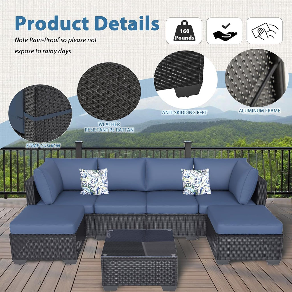 AECOJOY 7 Piece Outdoor Patio Furniture Set, Outdoor Sectional Conversation Furniture Chair with Coffee Table, Patio Sectional for Backyard, Garden(Navy Cushions and Black Rattan, with Cover)