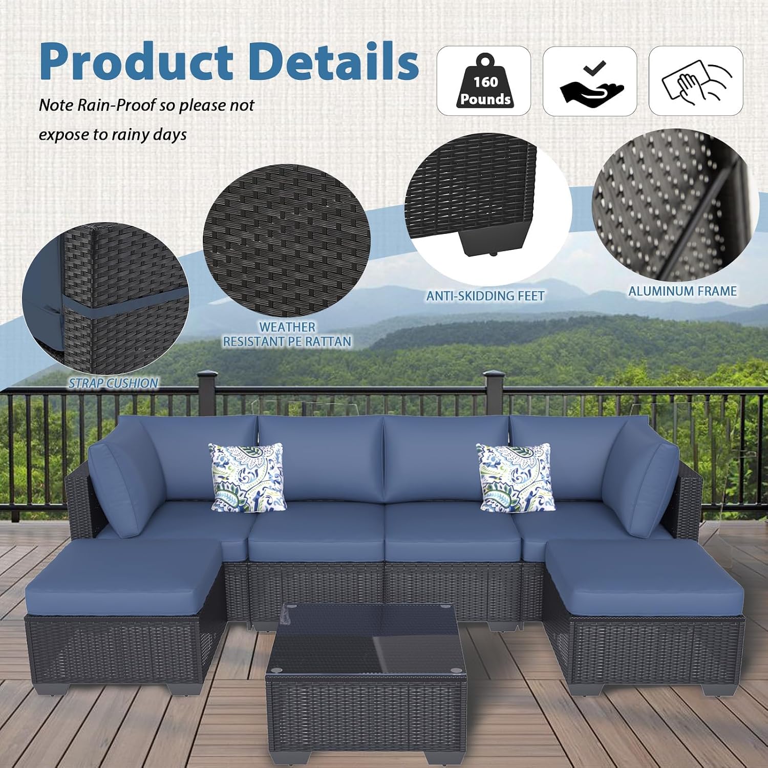 AECOJOY 7 Piece Outdoor Patio Furniture Set, Outdoor Sectional Conversation Furniture Chair with Coffee Table, Patio Sectional for Backyard, Garden(Navy Cushions and Black Rattan, with Cover)