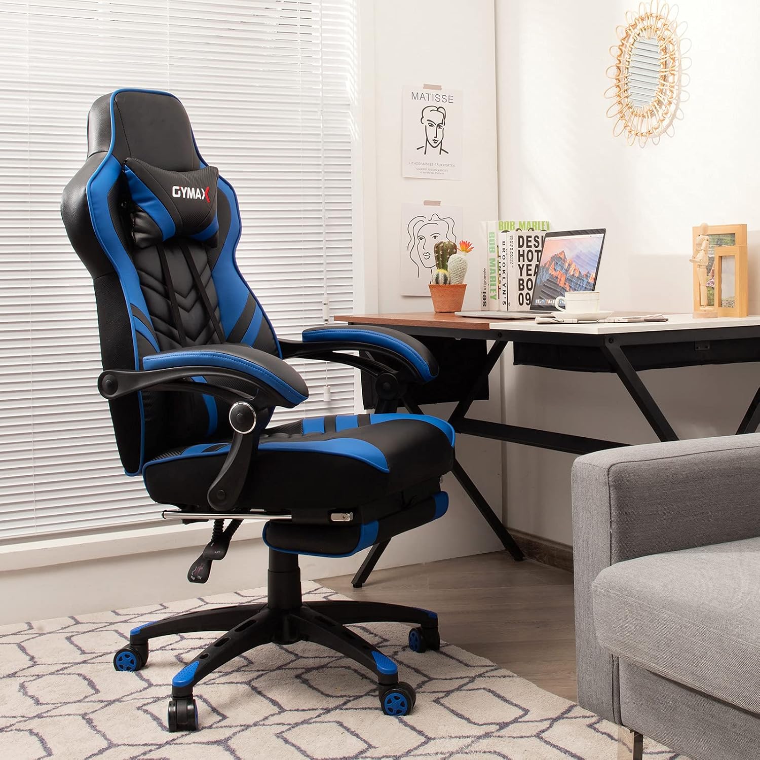 GYMAX Gaming Chair, Ergonomic Computer Chair with Footrest, Linkage Armrests & Lumbar Cushion, Big Wide High Back Video Gaming Chair, Reclining Office Rolling Chair for Adult/Teens (Blue)