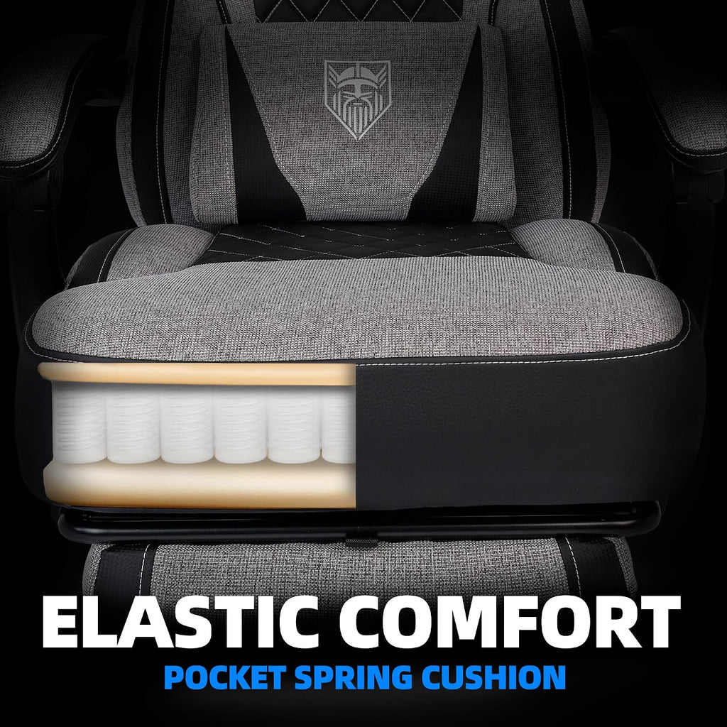 Vonesse Gaming Chair, Reclining Fabric Gaming Chairs for Adults 250LBS, Office Chair with Pocket Spring Cushion, Computer Chair with Footrest and Massage Lumbar Support (Grey)
