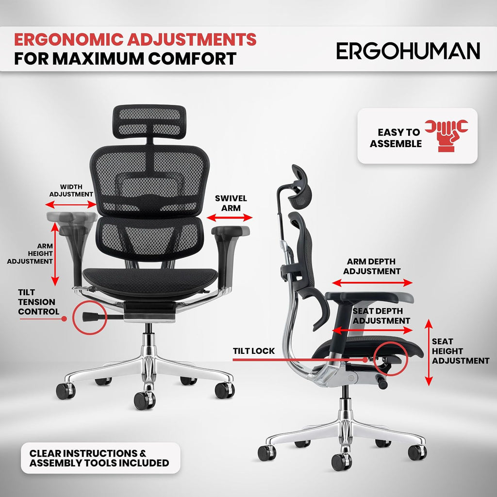 Ergohuman Eurotech ME7ERG GEN2 High Back Mesh Office Chair with Tilt Tension Control, Tilt Lock, Back Angle, Back Height, Synchro Tilt, Seat Height, Seat Depth, and Arm Height Adjustments, Black