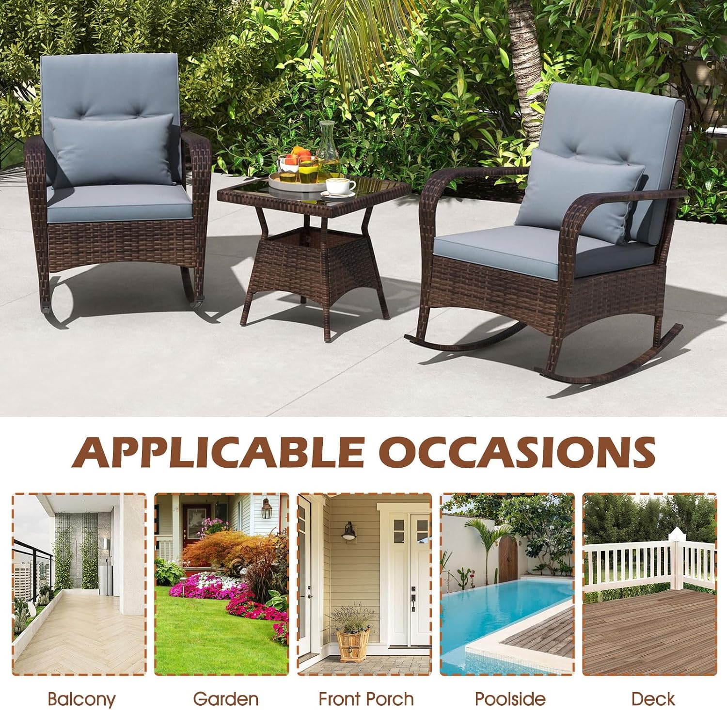 ORALNER 3 Pieces Patio Furniture Set, Outdoor Wicker Rocking Chairs with Cushions, Pillows, Glass Coffee Table, Rattan Bistro Rocker Set for Balcony Front Porch Poolside Garden Deck Yard (Grey)