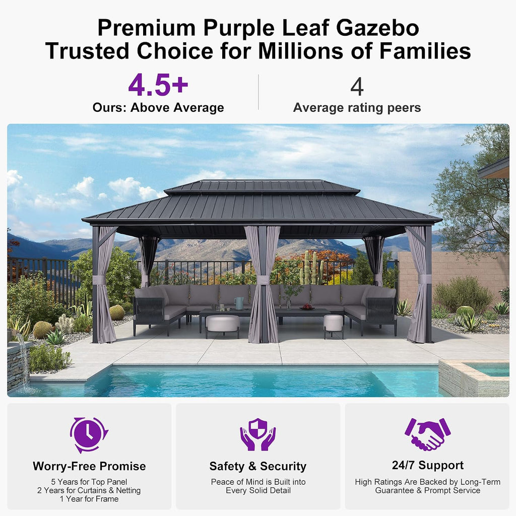 PURPLE LEAF 12' X 20' Patio Hardtop Gazebo Outdoor Pavilion Gazebo with Galvanized Steel Double Roof for Patio Lawn Garden Aluminum with Mosquito Nets and Curtains Grey