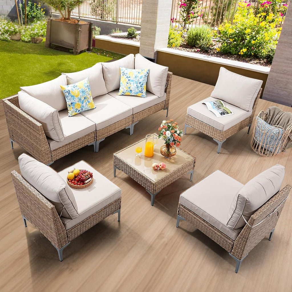 7-Piece Patio Furniture Set, Outdoor Wicker Sectional Sofa with Coffee Table, Anti-Slip & Thick All-Weather Cushions for Party,Garden,Backyard, Beige