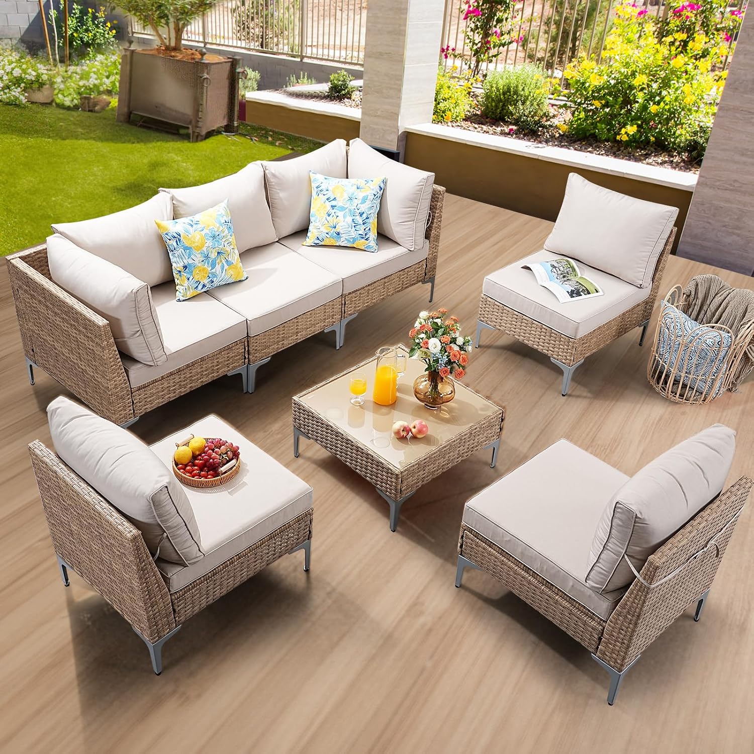 7-Piece Patio Furniture Set, Outdoor Wicker Sectional Sofa with Coffee Table, Anti-Slip & Thick All-Weather Cushions for Party,Garden,Backyard, Beige