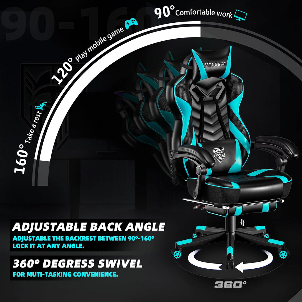 Vonesse Gaming Chair, Big and Tall Gaming Chair with Footrest and Massage, Gaming Chairs for Adults with Lumbar Support, Ergonomic High Back Computer Chair with Pocket Spring Cushion (Cyan/Black)
