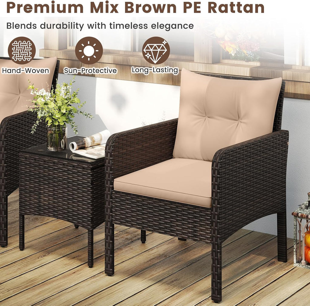 HAPPYGRILL 3 Piece Patio Bistro Set Rattan Wicker Outdoor Conversation Set with Cushions and Coffee Table, Outside Furniture with Rattan Chairs for Porch, Balcony, Deck and Garden (Beige)