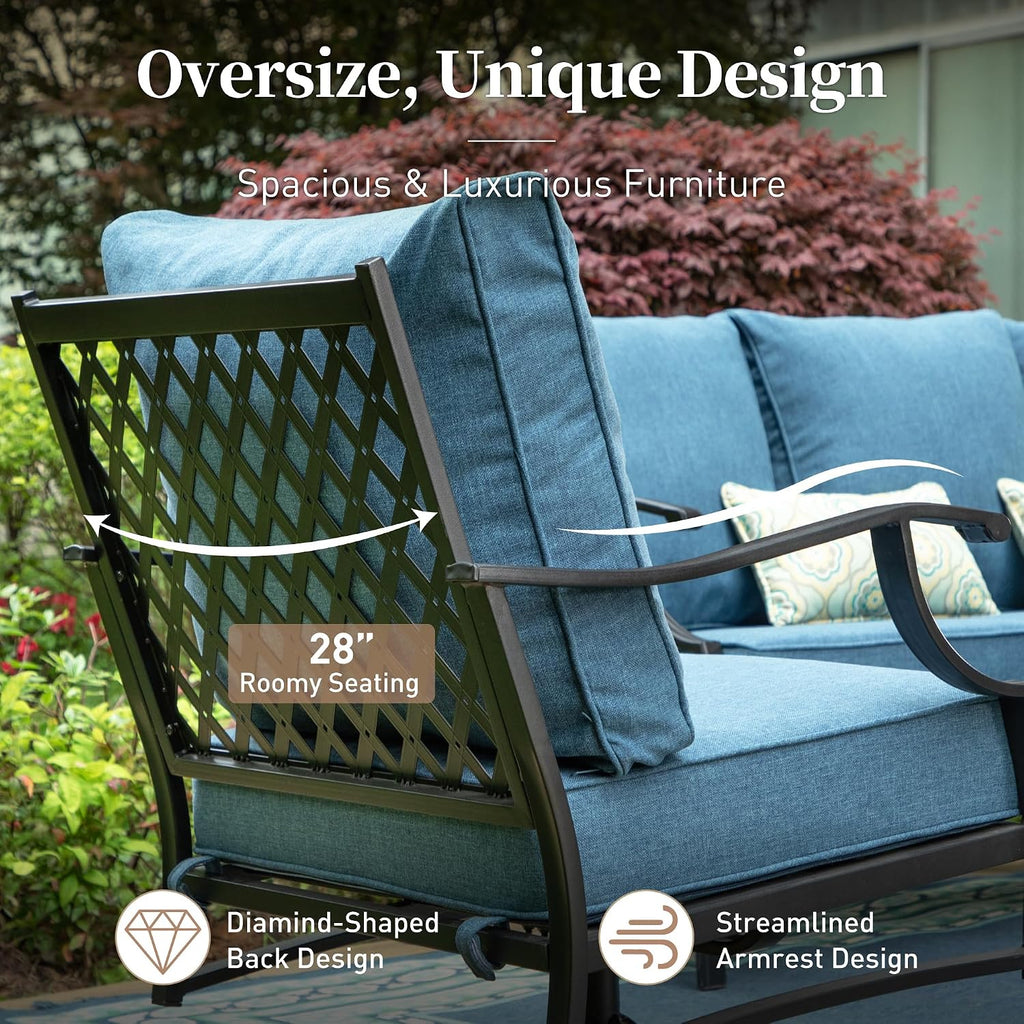 SUNSHINE VALLEY 5 Piece Metal Outdoor Patio Furniture Set, Patio Conversation Sets 1 3-seater Sofa, 2 Swivel Chairs, 2 Ottomans with 5.75' Thick Cushion, Black All-weather Backyard Furniture Set, Navy