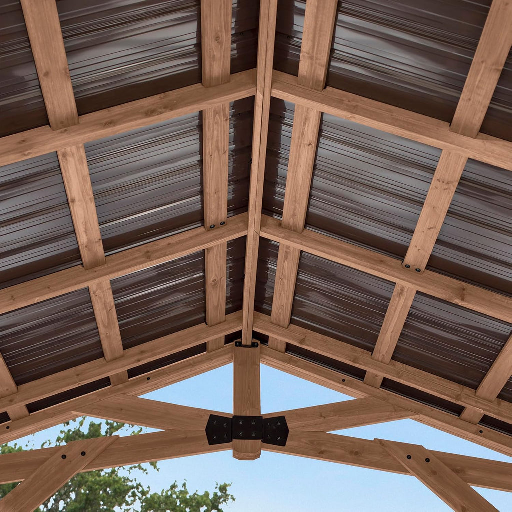 Backyard Discovery Norwood 10' x 10' Cedar Wood Outdoor Gazebo Pavilion with Hardtop Galvanized Steel Peak Roof, Snow Support, Wind Resistance, PowerPort, Shade for Garden, Patio, Deck, Entertaining