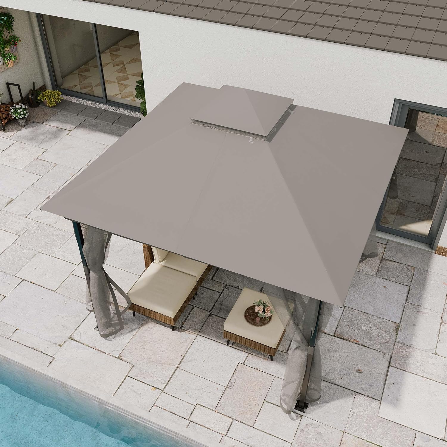 LAUSAINT HOME 10' X 10' Waterproof Patio Gazebo with Mosquito Netting, Double Roof Outdoor Gazebo Pavilion Shelter for Backyard, Garden, Lawn, Wedding (Grey)