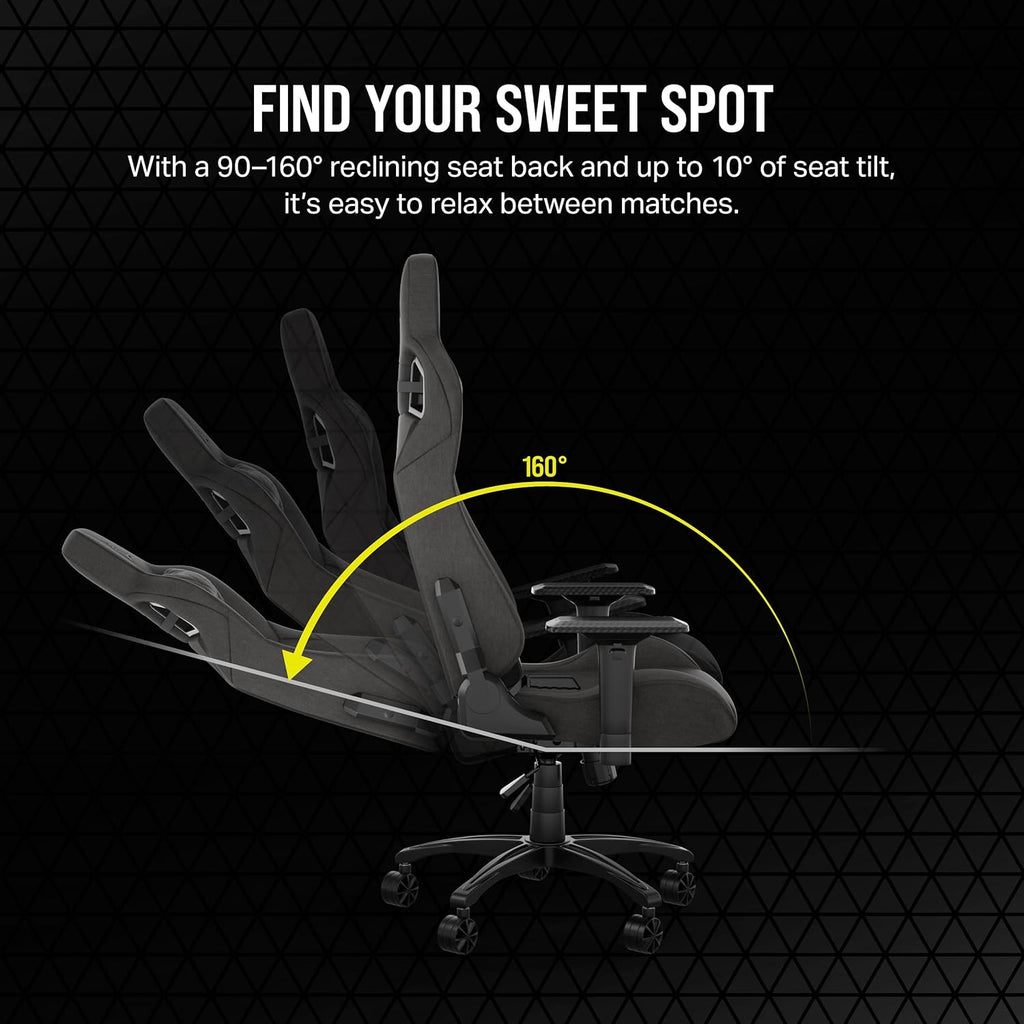 Corsair T3 Rush Fabric Gaming Chair (2023) – Racing-Inspired Design – Soft Fabric Exterior – Padded Neck Cushion – Memory Foam Lumbar Support – Adjustable Seat Height – Charcoal