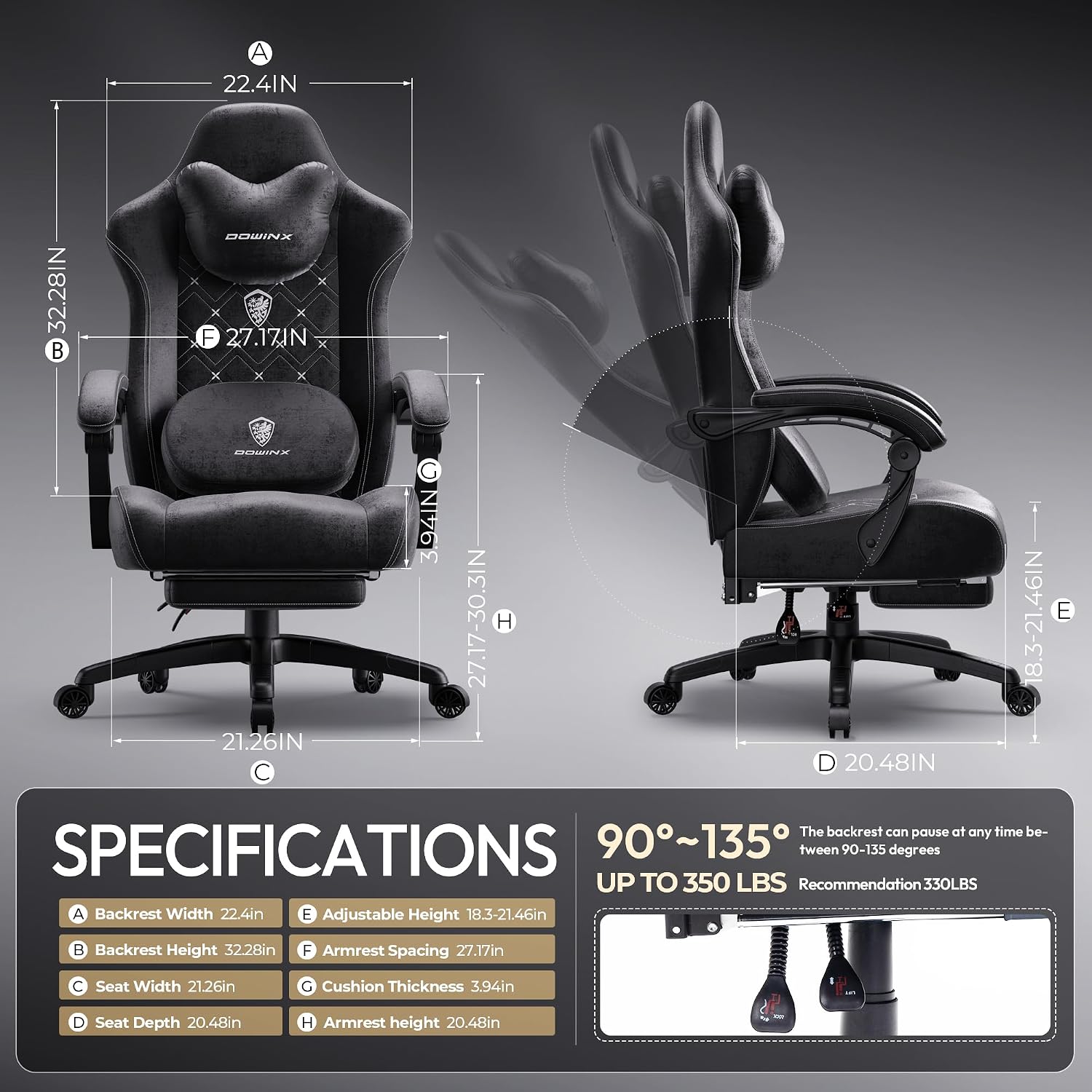 Dowinx Gaming Chair with Heated Massage Lumbar Support,Big and Tall Fabric Gaming Chairs for Adults with Footrest, Ergonomic Computer Game Chair with Poket Spring Cushions, 350lbs, Black