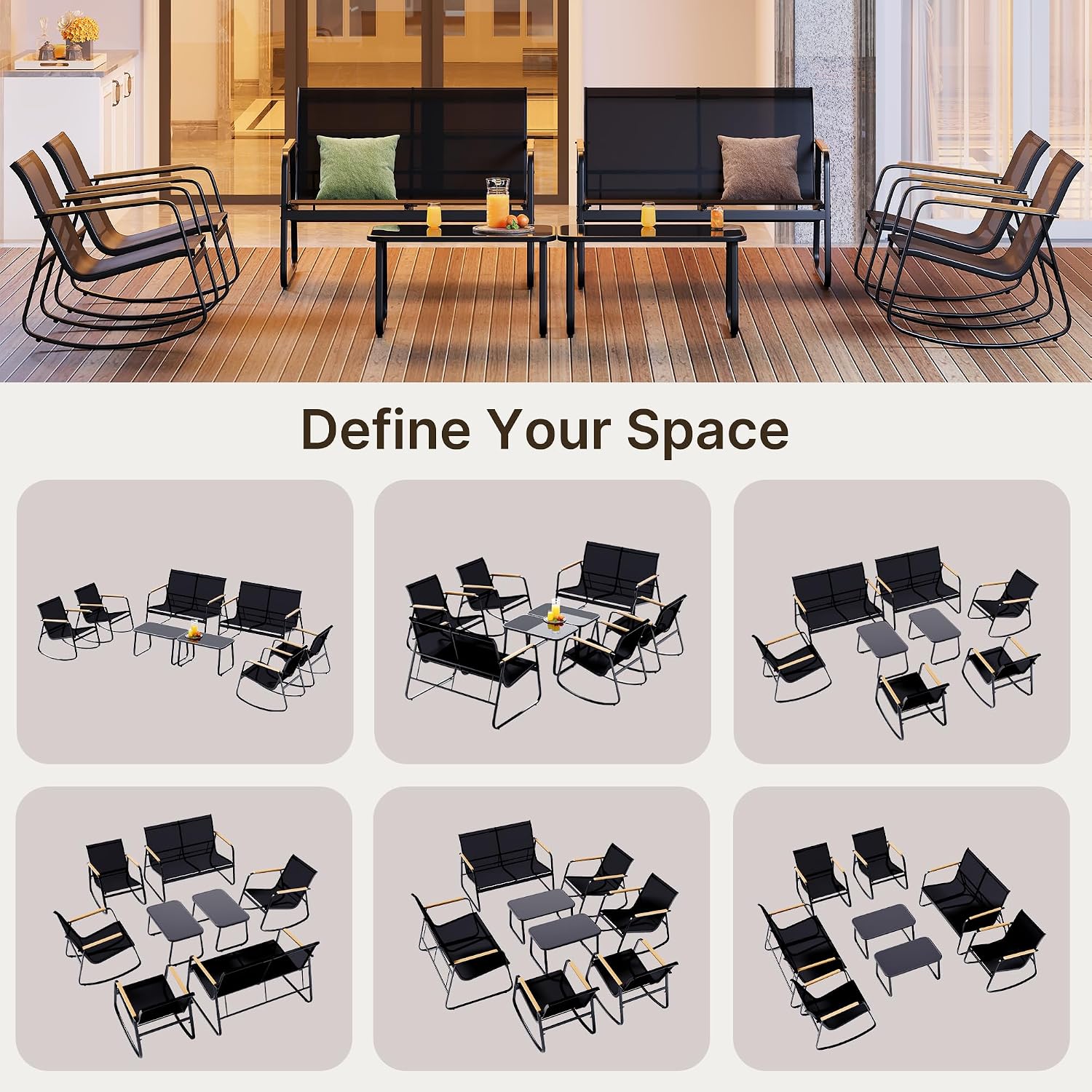 Ahomly 8-Piece Outdoor Patio Furniture Set, Textilene Conversation Set with Rocking Chairs, Loveseat, and Tempered Glass Coffee Table, for Lawn, Garden, Balcony, Poolside (Black)