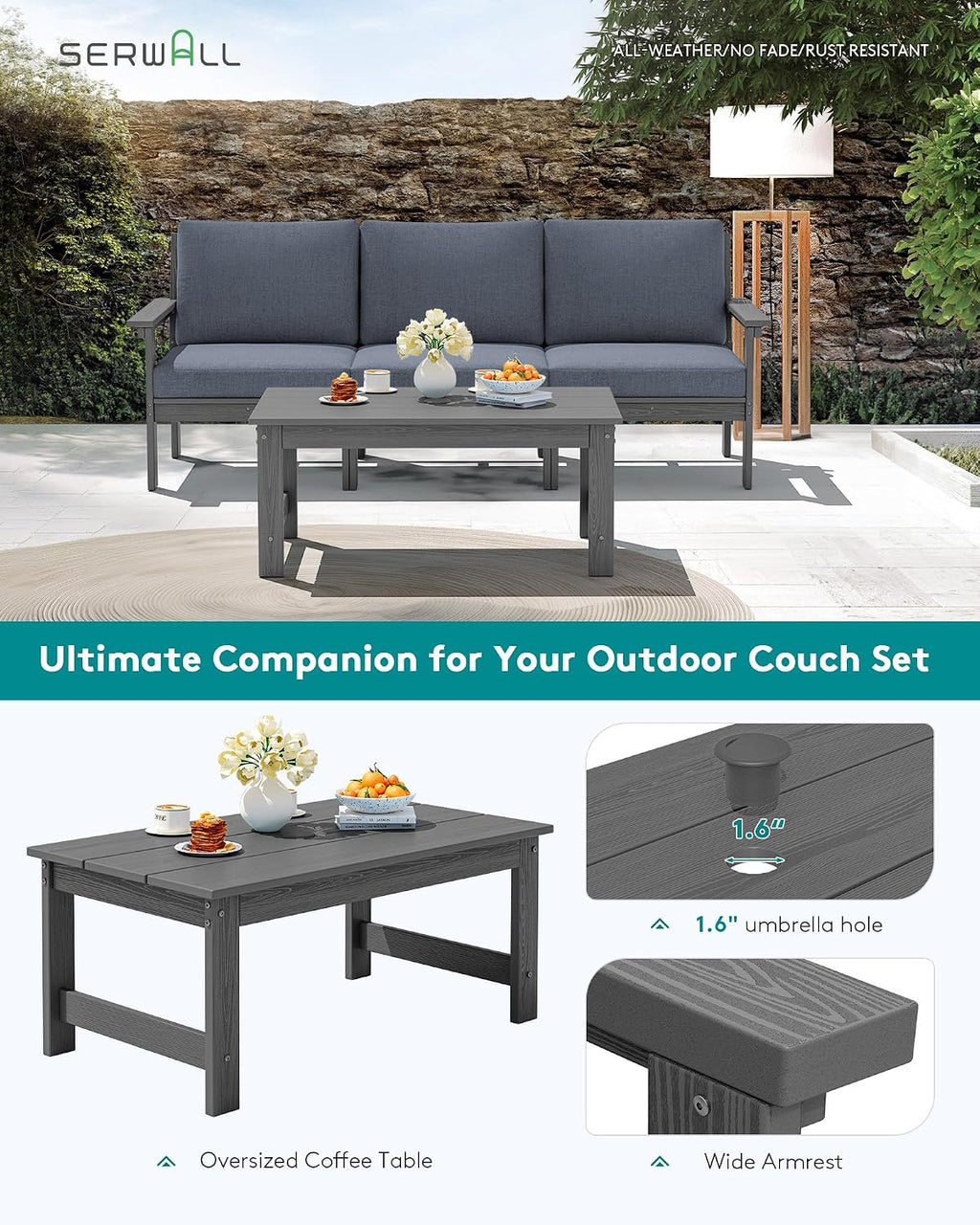 SERWALL HDPE Patio Sofa Set, 4-piece Sectional Outdoor Furniture Set, All Weather Outdoor Couch Set Patio Furniture Set for Deck, Lawn, Grey Frame with Grey Cushion