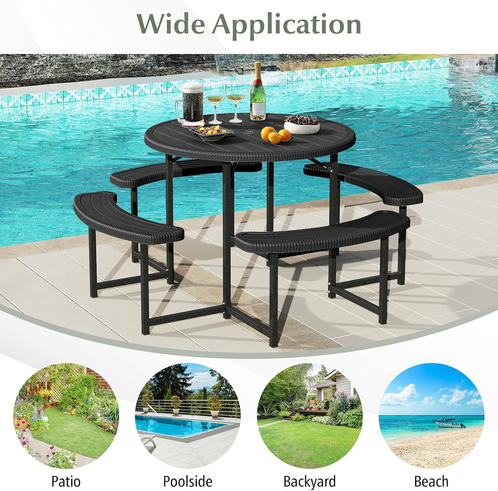 Giantex Picnic Table Bench Set for 4-8 Person, Round 37' Outdoor Dining Table w/Umbrella Hole, HDPE Tabletop, Metal Frame, Patio Furniture Set for Backyard Porch Lawn, 1400lb Capacity (Black,Round)