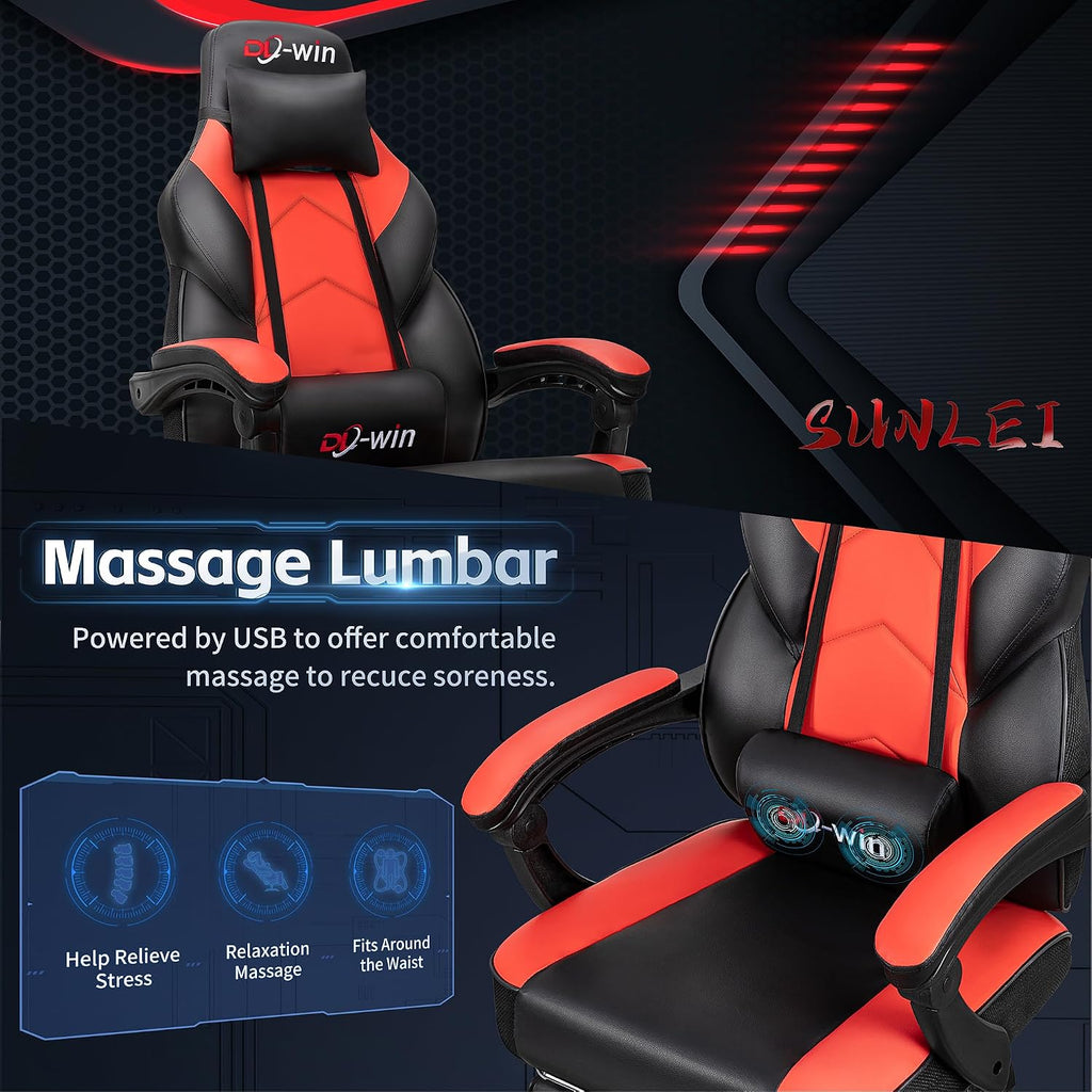 Gaming Chair, Office Chair with Footrest and Lumbar Support, Height Adjustable Game Chair with 360°-Swivel Seat and Headrest and for Office or Gaming (Deep Red)