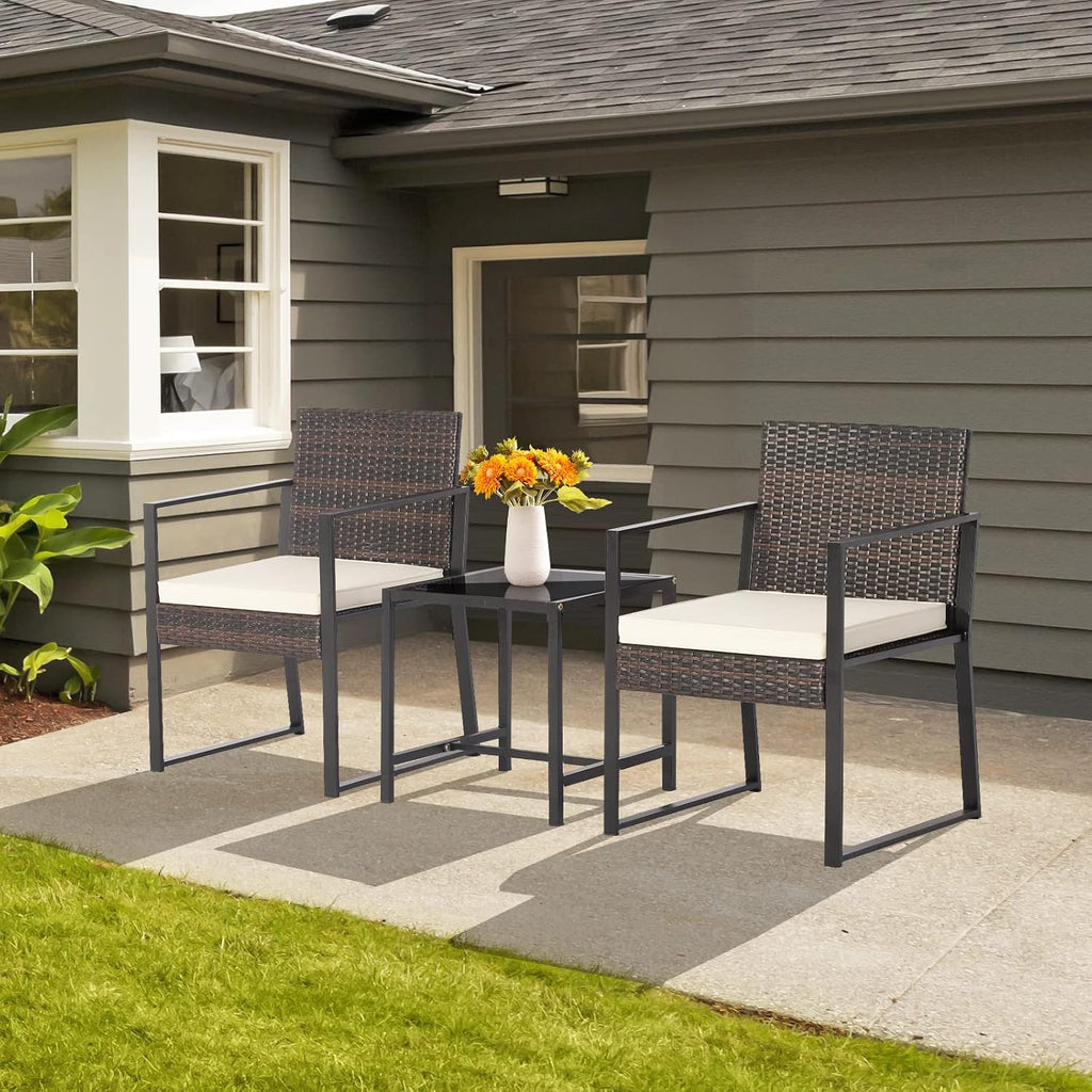 Tangkula 3 Piece Patio Furniture Set, Modern Heavy Duty All Weather Cushioned Wicker Chairs and Coffee Table Set, Suitable for Front Porch, Backyard, Garden, Poolside and Deck (Mix Brown)